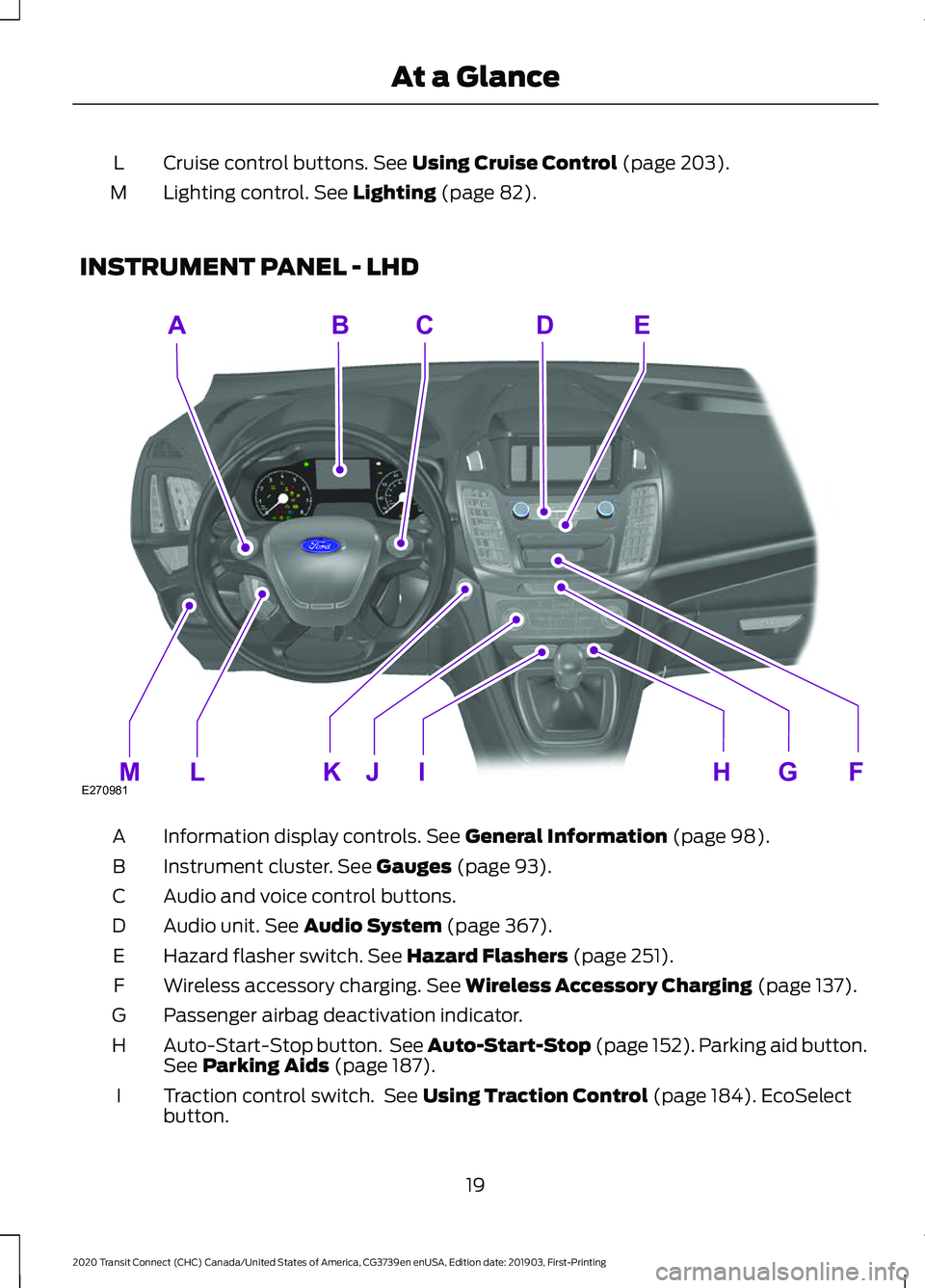 FORD TRANSIT CONNECT 2020 Owners Manual Cruise control buttons. See Using Cruise Control (page 203).
L
Lighting control.
See Lighting (page 82).
M
INSTRUMENT PANEL - LHD Information display controls.
See General Information (page 98).
A
I FORD TRANSIT CONNECT 2020 Owners Manual Cruise control buttons. See Using Cruise Control (page 203).
L
Lighting control.
See Lighting (page 82).
M
INSTRUMENT PANEL - LHD Information display controls.
See General Information (page 98).
A
I