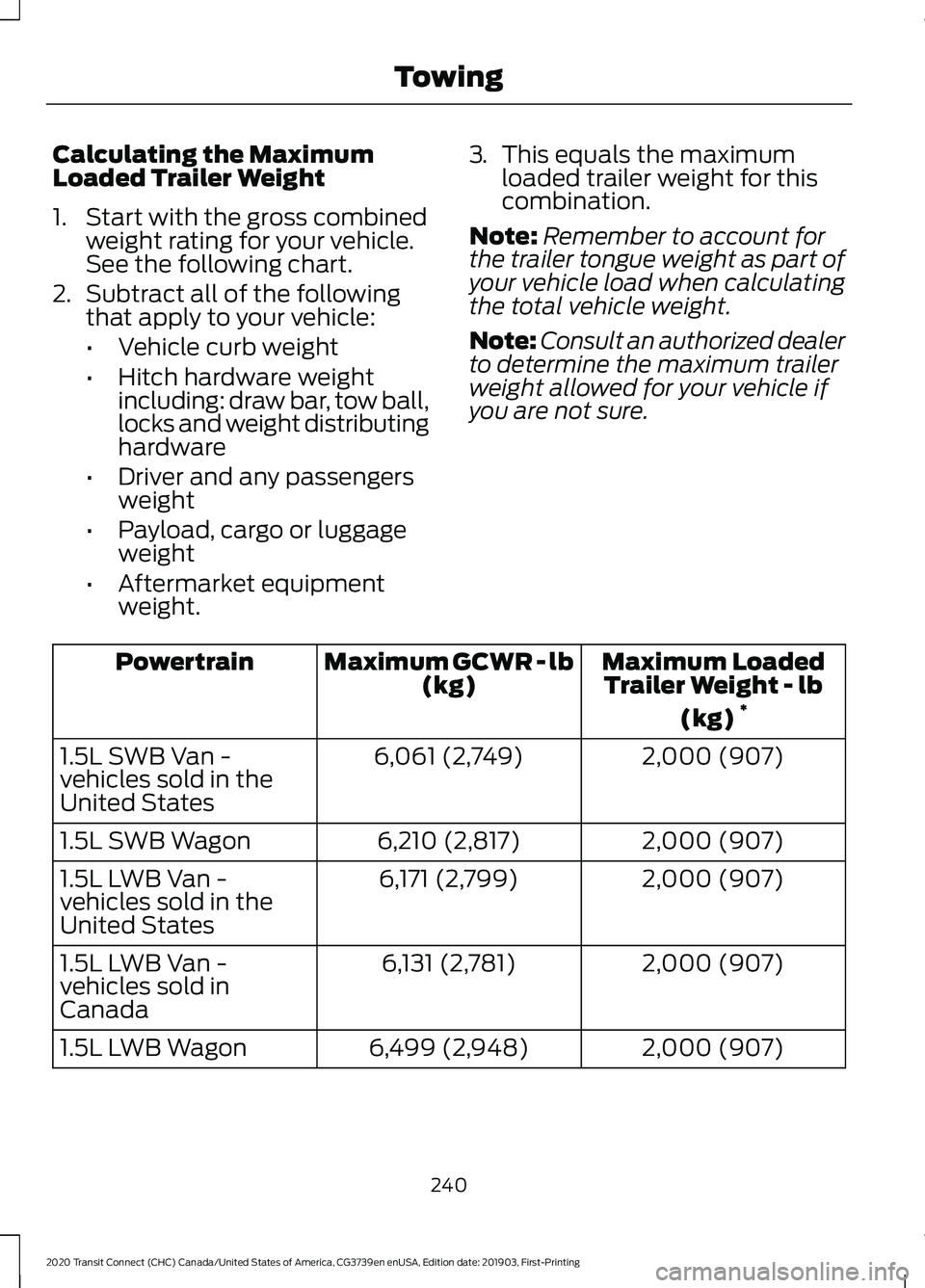 FORD TRANSIT CONNECT 2020 Owners Manual Calculating the Maximum
Loaded Trailer Weight
1. Start with the gross combined
weight rating for your vehicle.
See the following chart.
2. Subtract all of the following
that apply to your vehicle:
• FORD TRANSIT CONNECT 2020 Owners Manual Calculating the Maximum
Loaded Trailer Weight
1. Start with the gross combined
weight rating for your vehicle.
See the following chart.
2. Subtract all of the following
that apply to your vehicle:
•