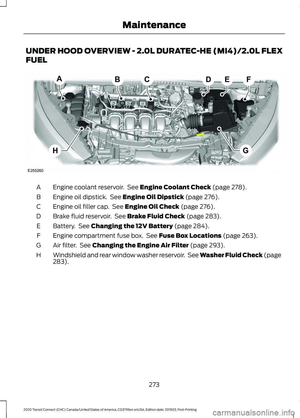 FORD TRANSIT CONNECT 2020 Service Manual UNDER HOOD OVERVIEW - 2.0L DURATEC-HE (MI4)/2.0L FLEX
FUEL
Engine coolant reservoir. See Engine Coolant Check (page 278).
A
Engine oil dipstick. See
Engine Oil Dipstick (page 276).
B
Engine oil fil FORD TRANSIT CONNECT 2020 Service Manual UNDER HOOD OVERVIEW - 2.0L DURATEC-HE (MI4)/2.0L FLEX
FUEL
Engine coolant reservoir. See Engine Coolant Check (page 278).
A
Engine oil dipstick. See
Engine Oil Dipstick (page 276).
B
Engine oil fil