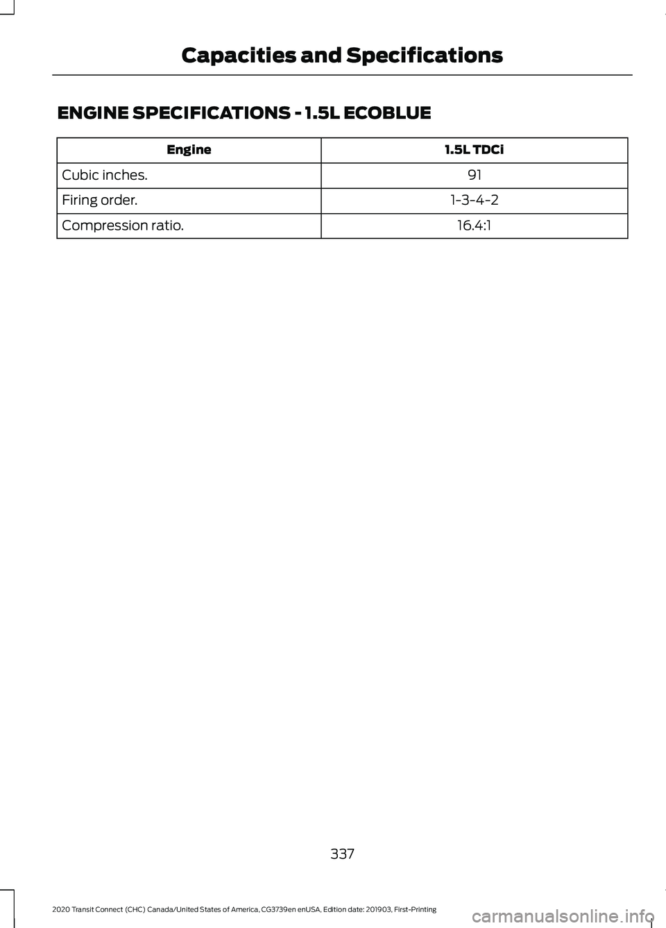 FORD TRANSIT CONNECT 2020 Owners Manual ENGINE SPECIFICATIONS - 1.5L ECOBLUE
1.5L TDCi
Engine
91
Cubic inches.
1-3-4-2
Firing order.
16.4:1
Compression ratio.
337
2020 Transit Connect (CHC) Canada/United States of America, CG3739en enUSA, E FORD TRANSIT CONNECT 2020 Owners Manual ENGINE SPECIFICATIONS - 1.5L ECOBLUE
1.5L TDCi
Engine
91
Cubic inches.
1-3-4-2
Firing order.
16.4:1
Compression ratio.
337
2020 Transit Connect (CHC) Canada/United States of America, CG3739en enUSA, E