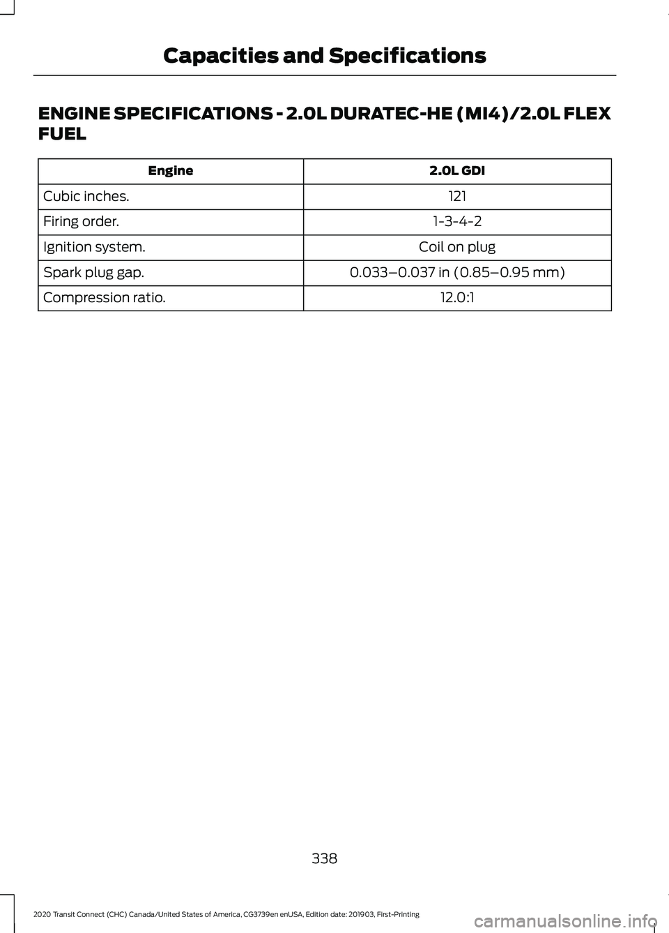 FORD TRANSIT CONNECT 2020 Owners Manual ENGINE SPECIFICATIONS - 2.0L DURATEC-HE (MI4)/2.0L FLEX
FUEL
2.0L GDI
Engine
121
Cubic inches.
1-3-4-2
Firing order.
Coil on plug
Ignition system.
0.033–0.037 in (0.85–0.95 mm)
Spark plug gap.
12. FORD TRANSIT CONNECT 2020 Owners Manual ENGINE SPECIFICATIONS - 2.0L DURATEC-HE (MI4)/2.0L FLEX
FUEL
2.0L GDI
Engine
121
Cubic inches.
1-3-4-2
Firing order.
Coil on plug
Ignition system.
0.033–0.037 in (0.85–0.95 mm)
Spark plug gap.
12.