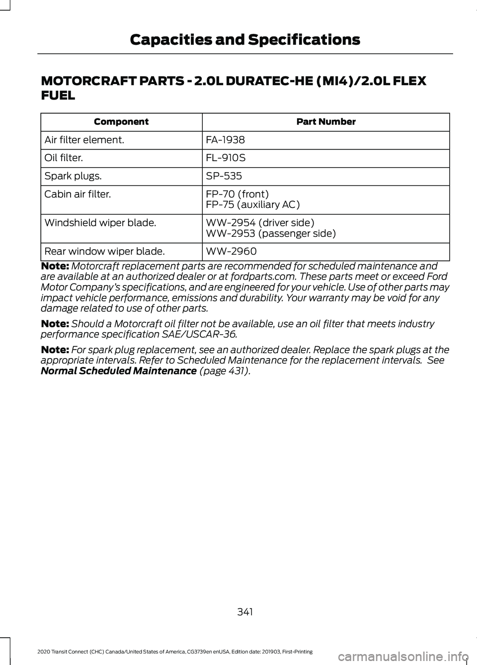 FORD TRANSIT CONNECT 2020 Owners Manual MOTORCRAFT PARTS - 2.0L DURATEC-HE (MI4)/2.0L FLEX
FUEL
Part Number
Component
FA-1938
Air filter element.
FL-910S
Oil filter.
SP-535
Spark plugs.
FP-70 (front)
Cabin air filter.
FP-75 (auxiliary AC)
W FORD TRANSIT CONNECT 2020 Owners Manual MOTORCRAFT PARTS - 2.0L DURATEC-HE (MI4)/2.0L FLEX
FUEL
Part Number
Component
FA-1938
Air filter element.
FL-910S
Oil filter.
SP-535
Spark plugs.
FP-70 (front)
Cabin air filter.
FP-75 (auxiliary AC)
W