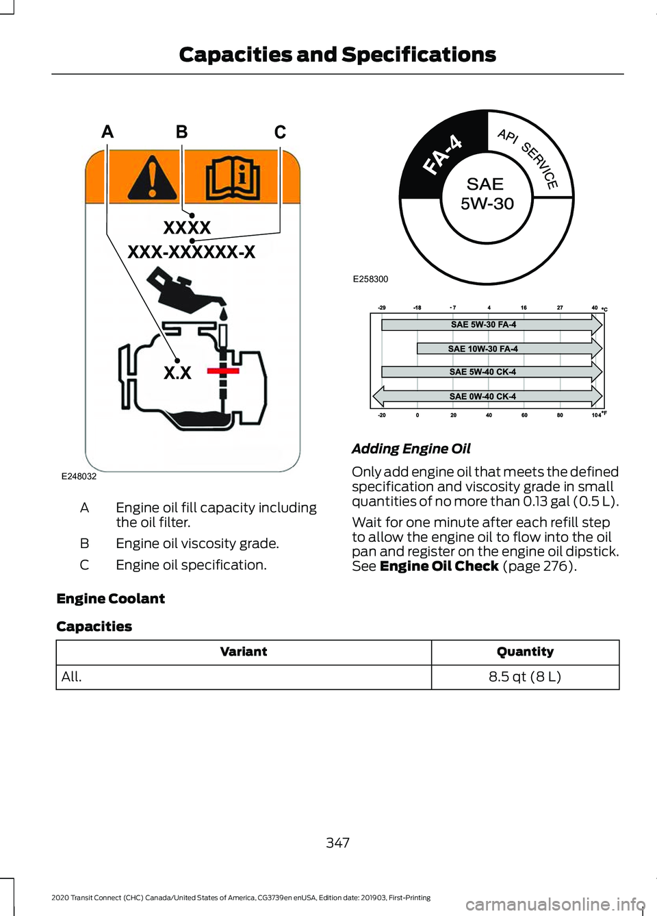 FORD TRANSIT CONNECT 2020 Repair Manual Engine oil fill capacity including
the oil filter.
A
Engine oil viscosity grade.
B
Engine oil specification.
C Adding Engine Oil
Only add engine oil that meets the defined
specification and viscosity FORD TRANSIT CONNECT 2020 Repair Manual Engine oil fill capacity including
the oil filter.
A
Engine oil viscosity grade.
B
Engine oil specification.
C Adding Engine Oil
Only add engine oil that meets the defined
specification and viscosity