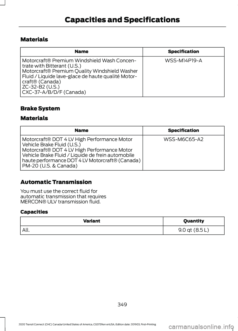 FORD TRANSIT CONNECT 2020 Owners Manual Materials
Specification
Name
WSS-M14P19-A
Motorcraft® Premium Windshield Wash Concen-
trate with Bitterant (U.S.)
Motorcraft® Premium Quality Windshield Washer
Fluid / Liquide lave-glace de haute qu FORD TRANSIT CONNECT 2020 Owners Manual Materials
Specification
Name
WSS-M14P19-A
Motorcraft® Premium Windshield Wash Concen-
trate with Bitterant (U.S.)
Motorcraft® Premium Quality Windshield Washer
Fluid / Liquide lave-glace de haute qu