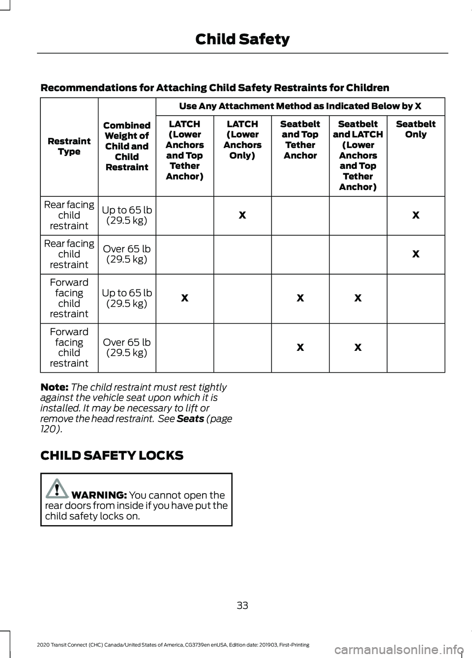 FORD TRANSIT CONNECT 2020 User Guide Recommendations for Attaching Child Safety Restraints for Children
Use Any Attachment Method as Indicated Below by X
Combined Weight ofChild and Child
Restraint
Restraint
Type Seatbelt
Only
Seatbelt
a
