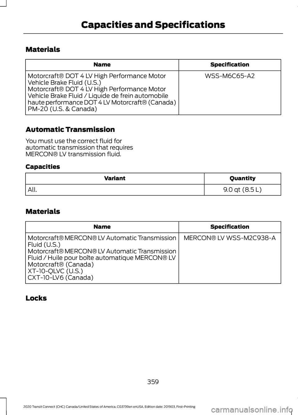 FORD TRANSIT CONNECT 2020 Owners Manual Materials
Specification
Name
WSS-M6C65-A2
Motorcraft® DOT 4 LV High Performance Motor
Vehicle Brake Fluid (U.S.)
Motorcraft® DOT 4 LV High Performance Motor
Vehicle Brake Fluid / Liquide de frein au FORD TRANSIT CONNECT 2020 Owners Manual Materials
Specification
Name
WSS-M6C65-A2
Motorcraft® DOT 4 LV High Performance Motor
Vehicle Brake Fluid (U.S.)
Motorcraft® DOT 4 LV High Performance Motor
Vehicle Brake Fluid / Liquide de frein au