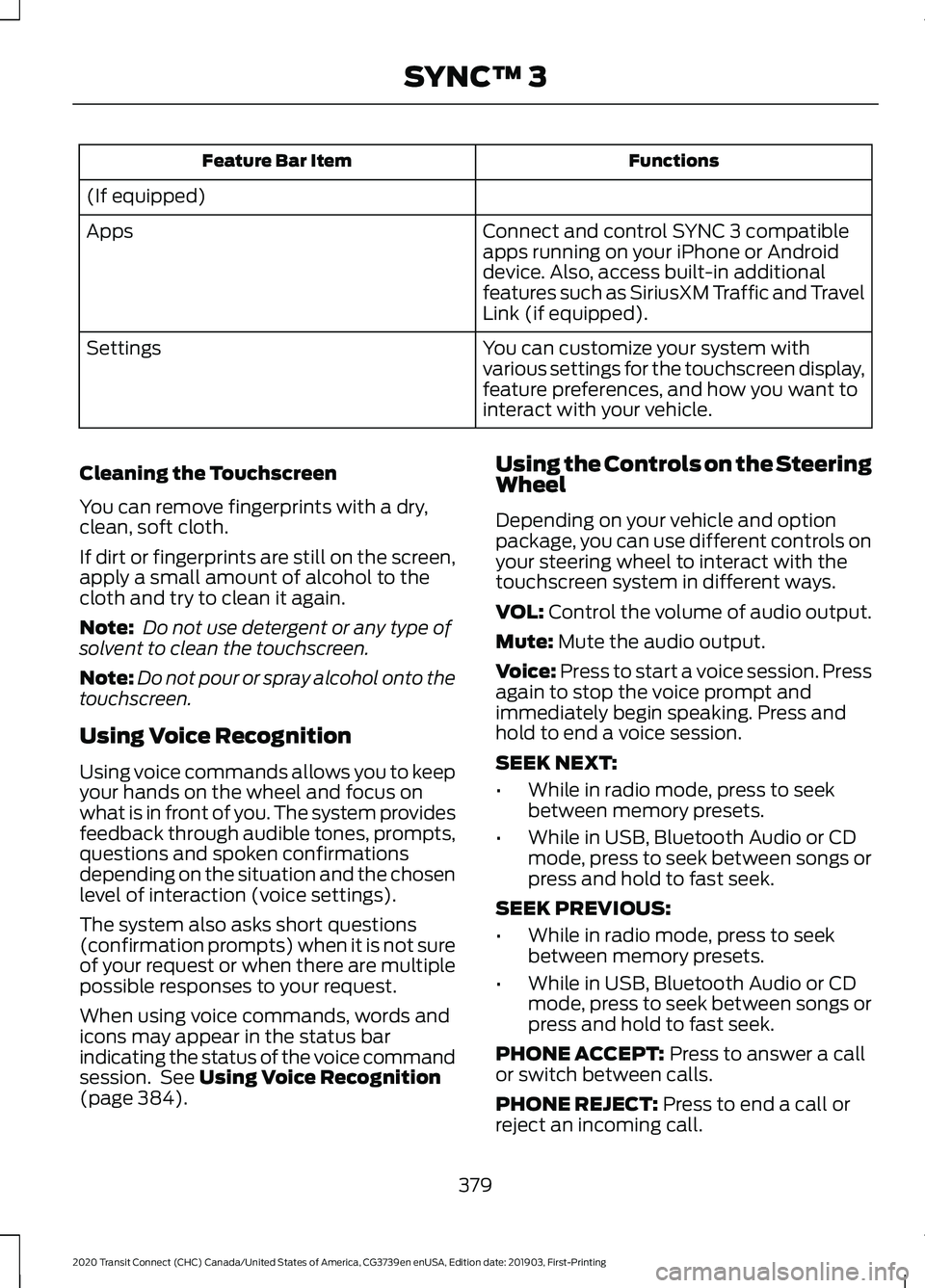 FORD TRANSIT CONNECT 2020 Service Manual Functions
Feature Bar Item
(If equipped) Connect and control SYNC 3 compatible
apps running on your iPhone or Android
device. Also, access built-in additional
features such as SiriusXM Traffic and Tra FORD TRANSIT CONNECT 2020 Service Manual Functions
Feature Bar Item
(If equipped) Connect and control SYNC 3 compatible
apps running on your iPhone or Android
device. Also, access built-in additional
features such as SiriusXM Traffic and Tra