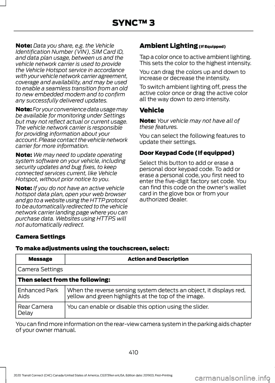 FORD TRANSIT CONNECT 2020 Owners Manual Note:
Data you share, e.g. the Vehicle
Identification Number (VIN), SIM Card ID,
and data plan usage, between us and the
vehicle network carrier is used to provide
the Vehicle Hotspot service in accor FORD TRANSIT CONNECT 2020 Owners Manual Note:
Data you share, e.g. the Vehicle
Identification Number (VIN), SIM Card ID,
and data plan usage, between us and the
vehicle network carrier is used to provide
the Vehicle Hotspot service in accor