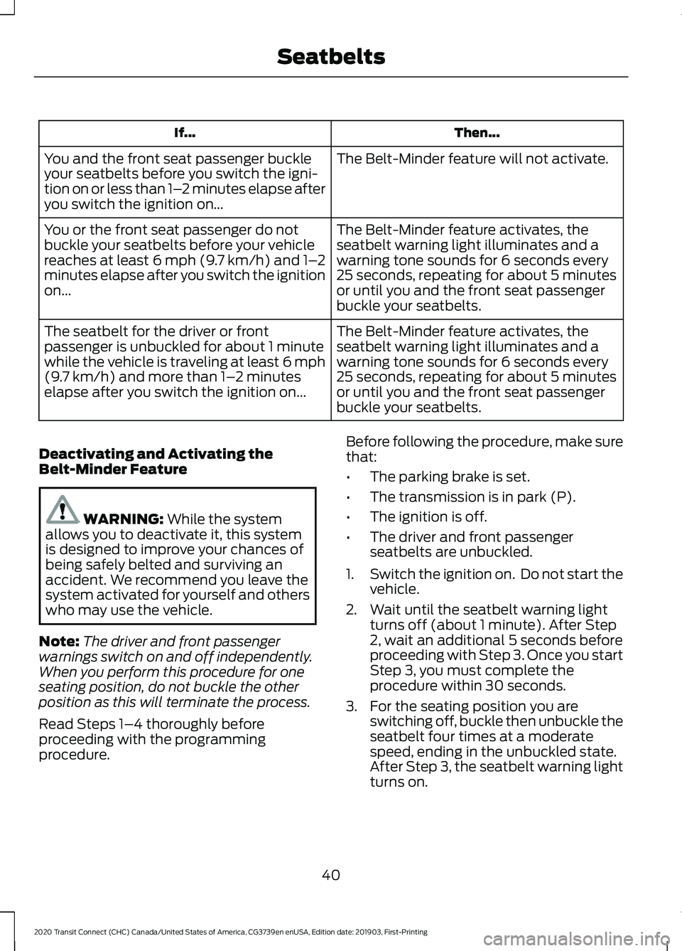 FORD TRANSIT CONNECT 2020 Owners Manual Then...
If...
The Belt-Minder feature will not activate.
You and the front seat passenger buckle
your seatbelts before you switch the igni-
tion on or less than 1– 2 minutes elapse after
you switch FORD TRANSIT CONNECT 2020 Owners Manual Then...
If...
The Belt-Minder feature will not activate.
You and the front seat passenger buckle
your seatbelts before you switch the igni-
tion on or less than 1– 2 minutes elapse after
you switch