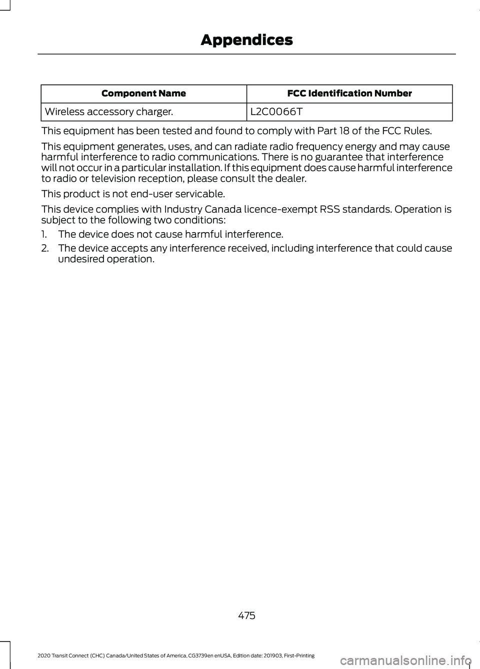 FORD TRANSIT CONNECT 2020  Owners Manual FCC Identification Number
Component Name
L2C0066T
Wireless accessory charger.
This equipment has been tested and found to comply with Part 18 of the FCC Rules.
This equipment generates, uses, and can 