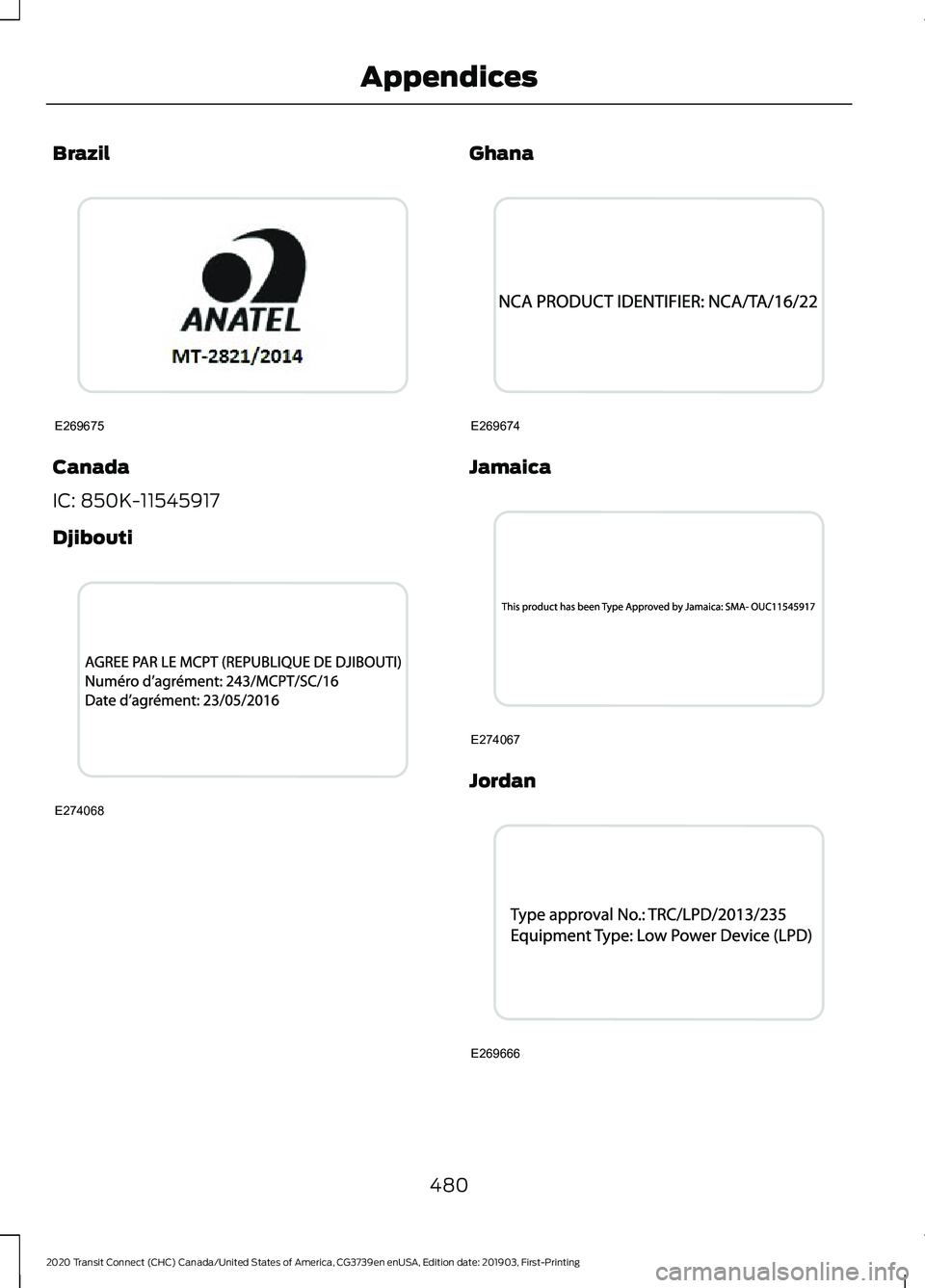 FORD TRANSIT CONNECT 2020  Owners Manual Brazil
Canada
IC: 850K-11545917
Djibouti Ghana
Jamaica
Jordan
480
2020 Transit Connect (CHC) Canada/United States of America, CG3739en enUSA, Edition date: 201903, First-Printing AppendicesE269675 E27