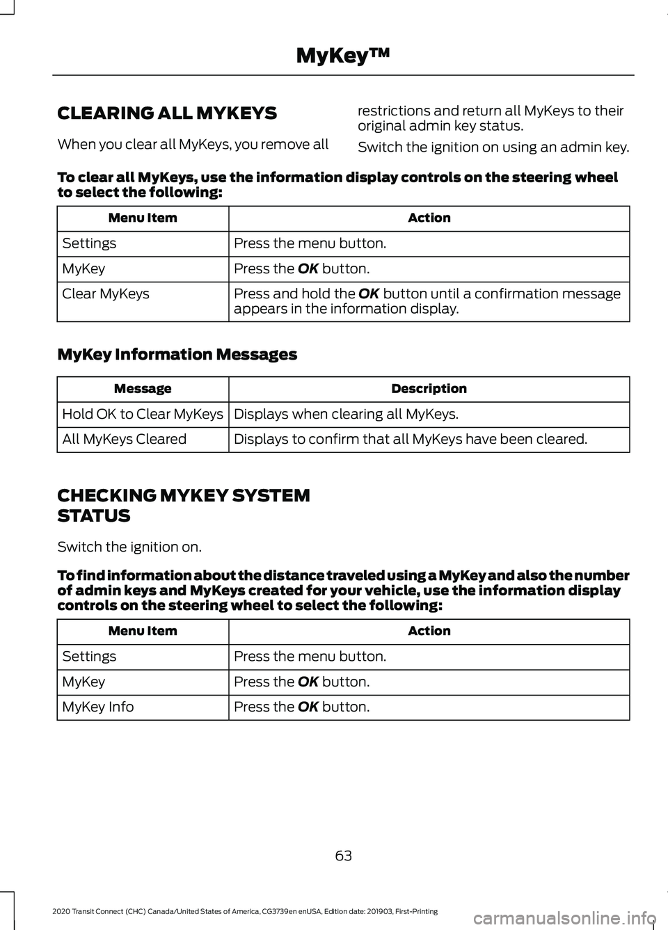 FORD TRANSIT CONNECT 2020 User Guide CLEARING ALL MYKEYS
When you clear all MyKeys, you remove all
restrictions and return all MyKeys to their
original admin key status.
Switch the ignition on using an admin key.
To clear all MyKeys, use FORD TRANSIT CONNECT 2020 User Guide CLEARING ALL MYKEYS
When you clear all MyKeys, you remove all
restrictions and return all MyKeys to their
original admin key status.
Switch the ignition on using an admin key.
To clear all MyKeys, use