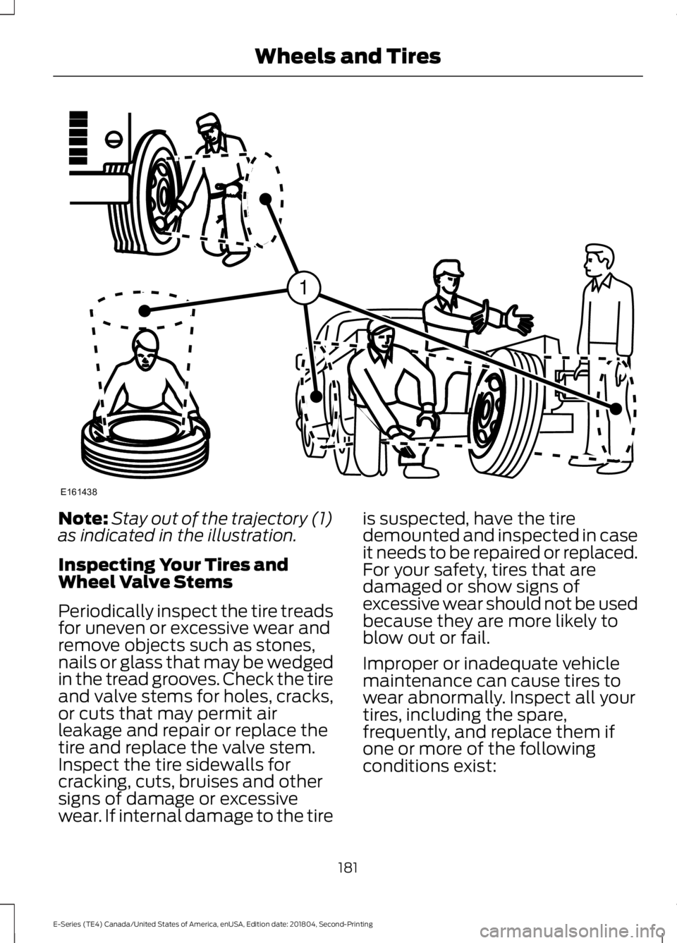 FORD E-350 2019 Owners Manual Note:
Stay out of the trajectory (1)
as indicated in the illustration.
Inspecting Your Tires and
Wheel Valve Stems
Periodically inspect the tire treads
for uneven or excessive wear and
remove objects FORD E-350 2019 Owners Manual Note:
Stay out of the trajectory (1)
as indicated in the illustration.
Inspecting Your Tires and
Wheel Valve Stems
Periodically inspect the tire treads
for uneven or excessive wear and
remove objects