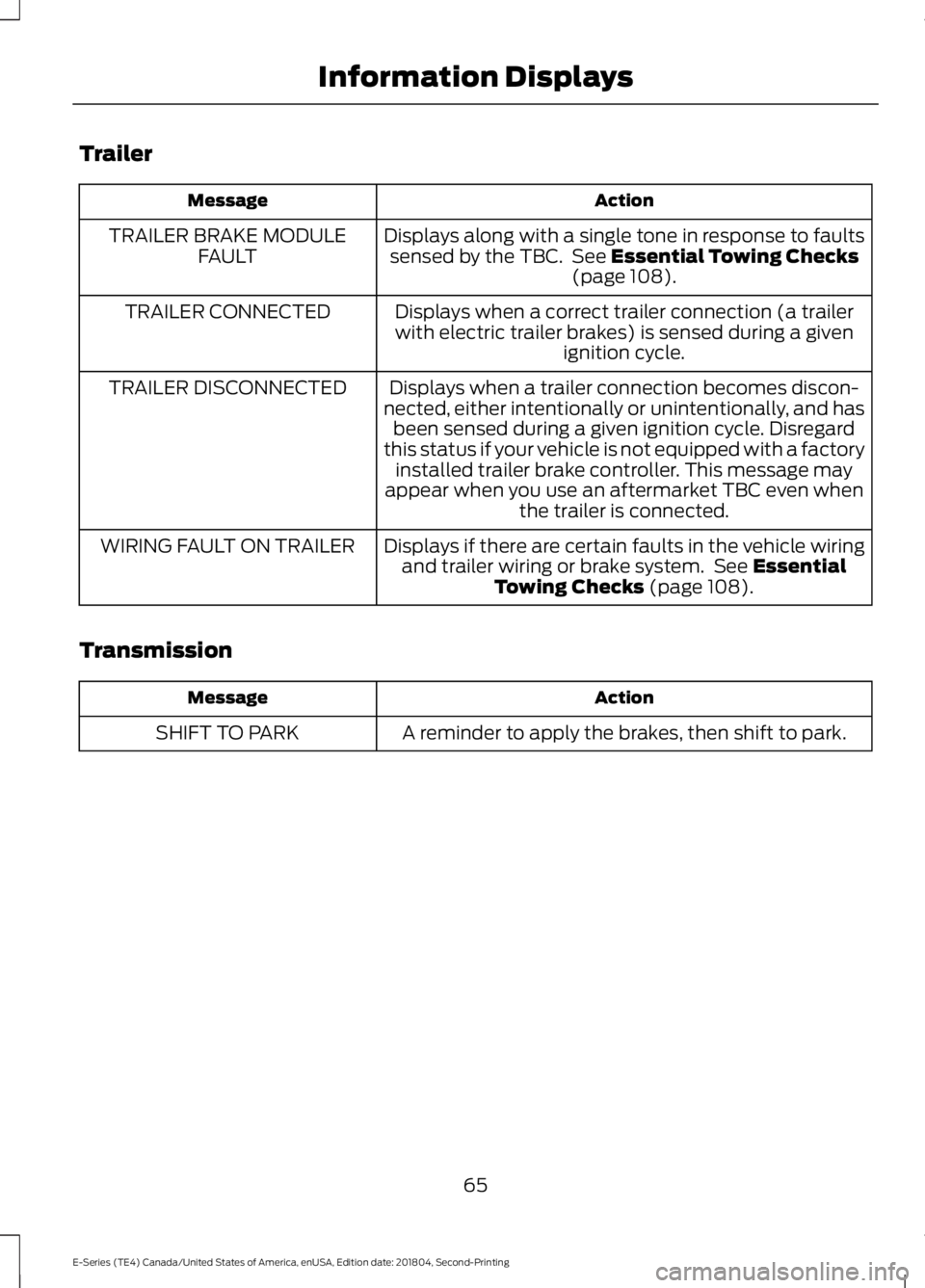 FORD E-350 2019  Owners Manual Trailer
Action
Message
Displays along with a single tone in response to faultssensed by the TBC.  See Essential Towing Checks
(page 108).
TRAILER BRAKE MODULE
FAULT
Displays when a correct trailer con