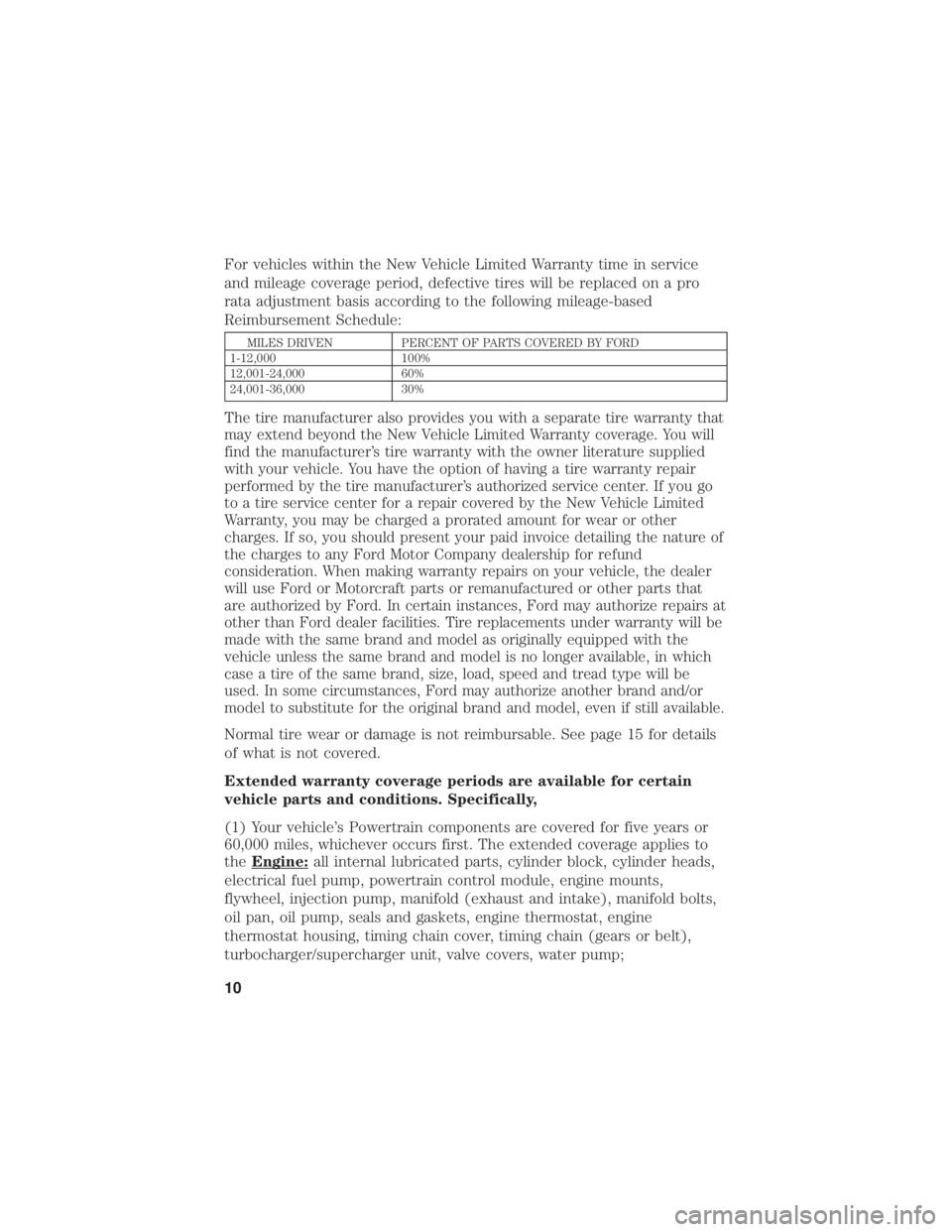 FORD E-350 2019 Warranty Guide For vehicles within the New Vehicle Limited Warranty time in service
and mileage coverage period, defective tires will be replaced on a pro
rata adjustment basis according to the following mileage-bas FORD E-350 2019 Warranty Guide For vehicles within the New Vehicle Limited Warranty time in service
and mileage coverage period, defective tires will be replaced on a pro
rata adjustment basis according to the following mileage-bas