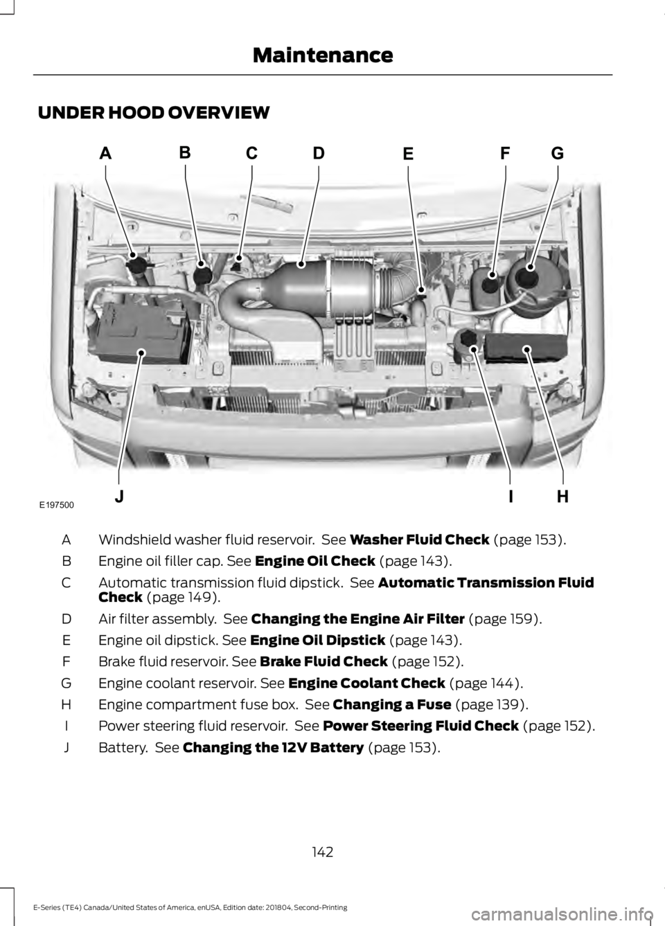 FORD E-450 2019  Owners Manual UNDER HOOD OVERVIEW
Windshield washer fluid reservoir.  See Washer Fluid Check (page 153).
A
Engine oil filler cap.
 See Engine Oil Check (page 143).
B
Automatic transmission fluid dipstick.  See 
Aut