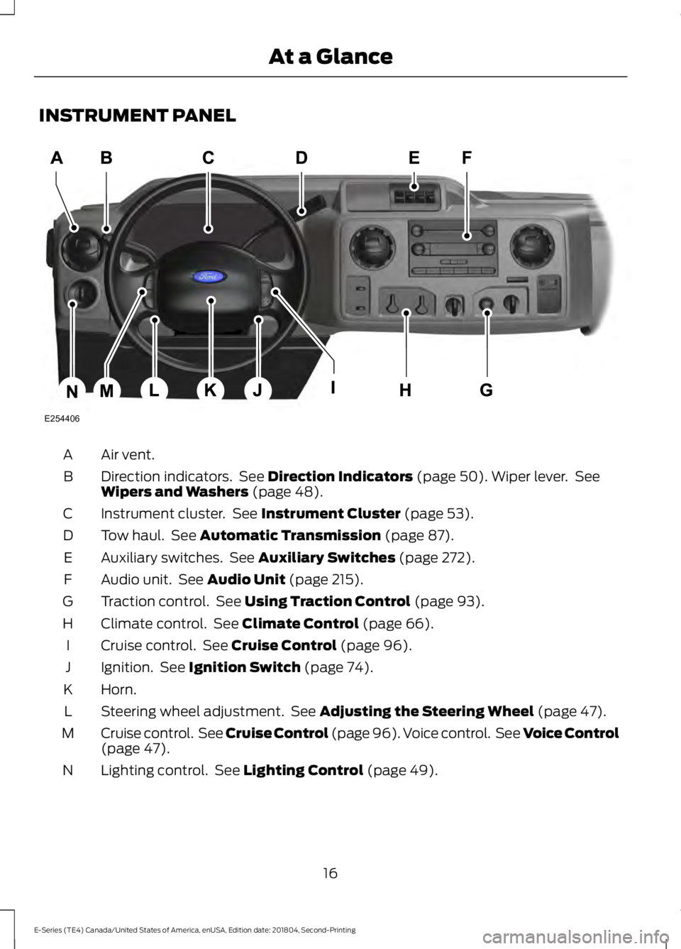 FORD E-450 2019 User Guide INSTRUMENT PANEL
Air vent.
A
Direction indicators. See Direction Indicators (page 50). Wiper lever. See
Wipers and Washers (page 48).
B
Instrument cluster. See
Instrument Cluster (page 53).
C
Tow FORD E-450 2019 User Guide INSTRUMENT PANEL
Air vent.
A
Direction indicators. See Direction Indicators (page 50). Wiper lever. See
Wipers and Washers (page 48).
B
Instrument cluster. See
Instrument Cluster (page 53).
C
Tow