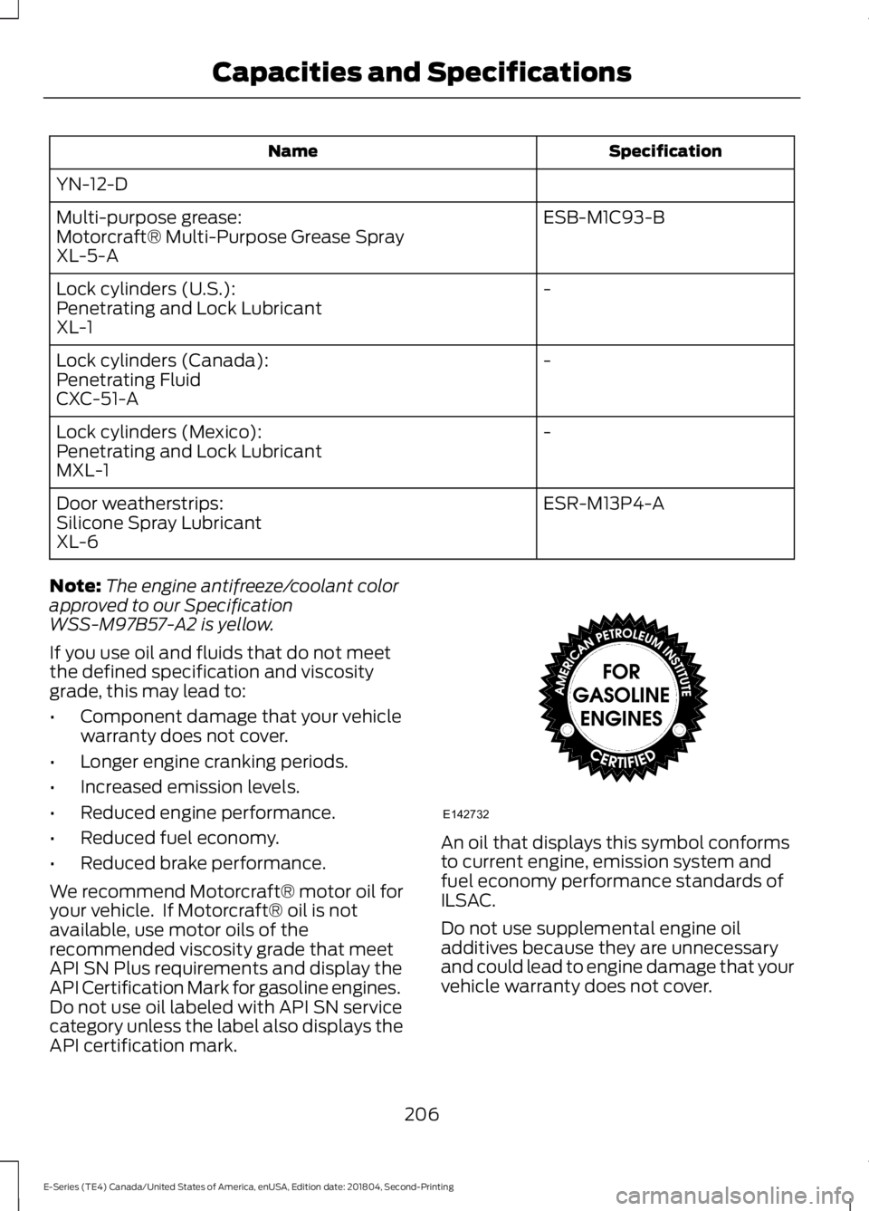 FORD E-450 2019  Owners Manual Specification
Name
YN-12-D ESB-M1C93-B
Multi-purpose grease:
Motorcraft® Multi-Purpose Grease Spray
XL-5-A
-
Lock cylinders (U.S.):
Penetrating and Lock Lubricant
XL-1
-
Lock cylinders (Canada):
Pene