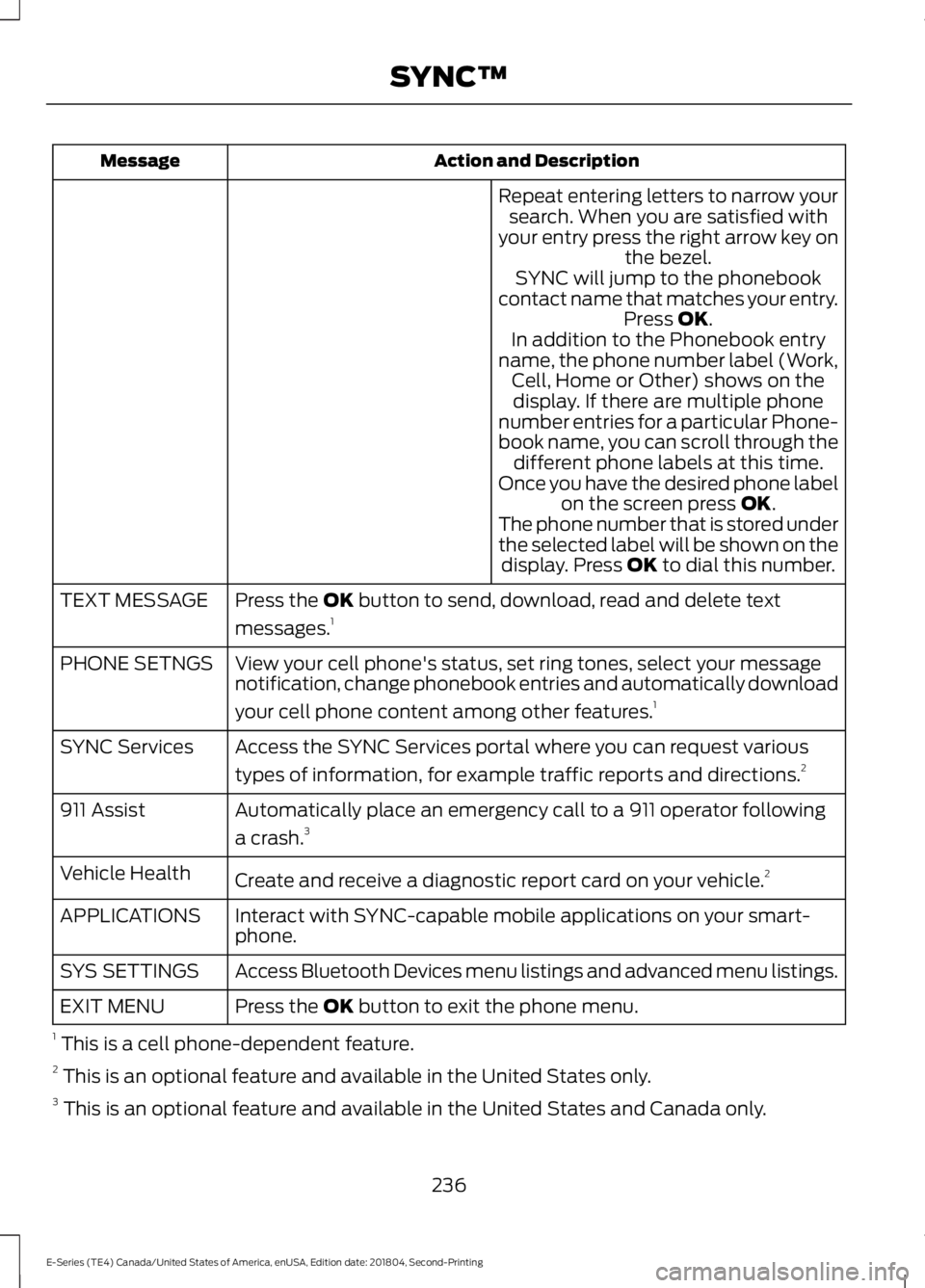 FORD E-450 2019  Owners Manual Action and Description
Message
Repeat entering letters to narrow yoursearch. When you are satisfied with
your entry press the right arrow key on the bezel.
SYNC will jump to the phonebook
contact name