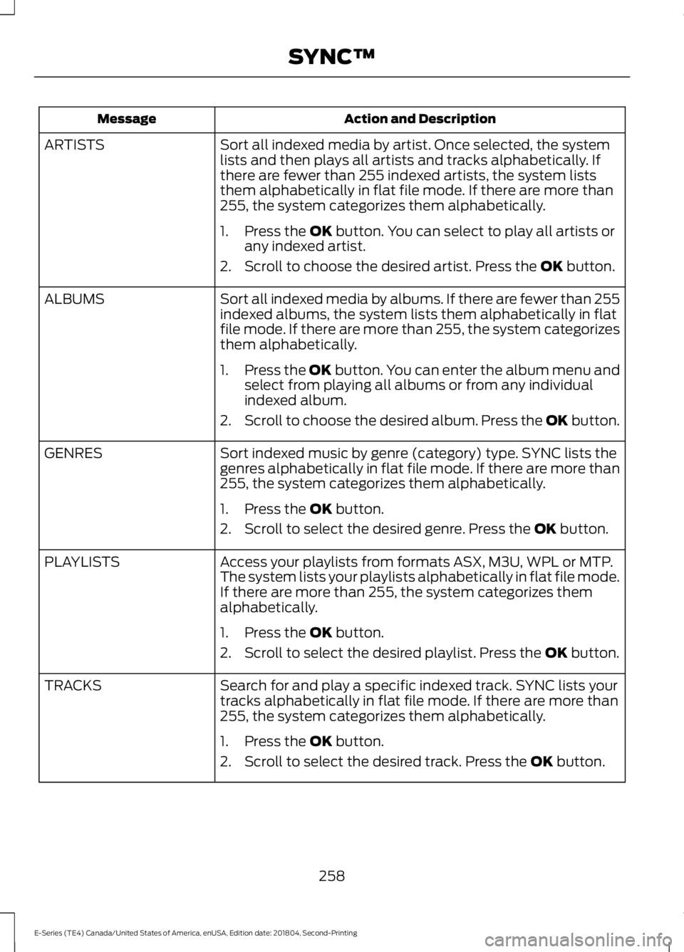 FORD E-450 2019  Owners Manual Action and Description
Message
Sort all indexed media by artist. Once selected, the system
lists and then plays all artists and tracks alphabetically. If
there are fewer than 255 indexed artists, the 