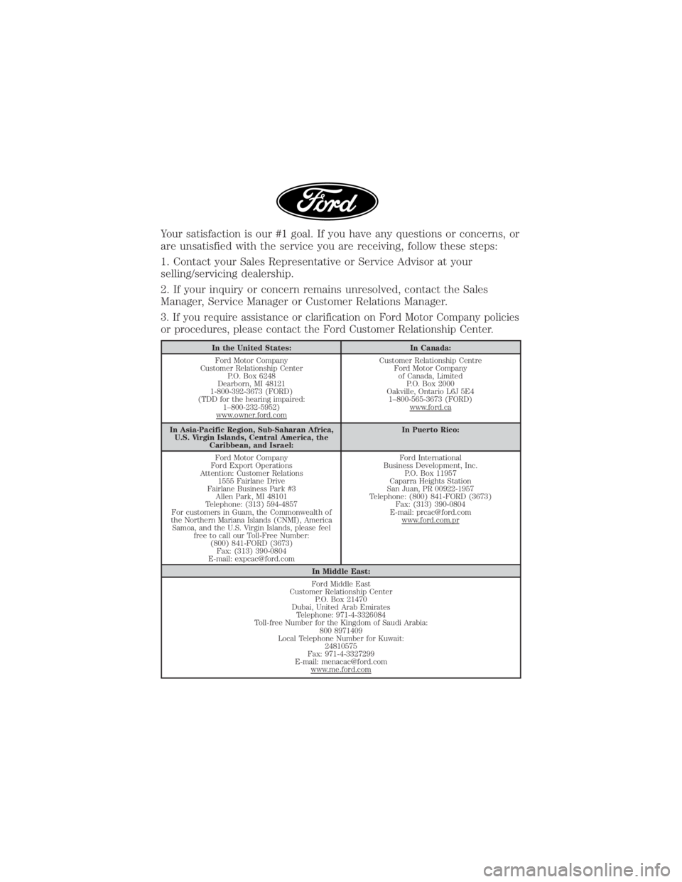 FORD E-450 2019  Warranty Guide Your satisfaction is our #1 goal. If you have any questions or concerns, or
are unsatisfied with the service you are receiving, follow these steps:
1. Contact your Sales Representative or Service Advi