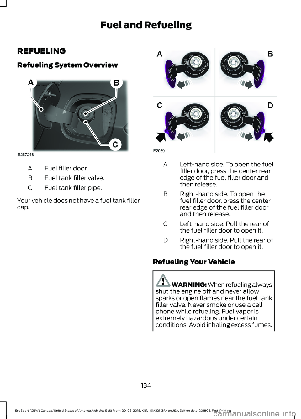 FORD ECOSPORT 2019  Owners Manual REFUELING
Refueling System Overview
Fuel filler door.A
Fuel tank filler valve.B
Fuel tank filler pipe.C
Your vehicle does not have a fuel tank fillercap.
Left-hand side. To open the fuelfiller door, p