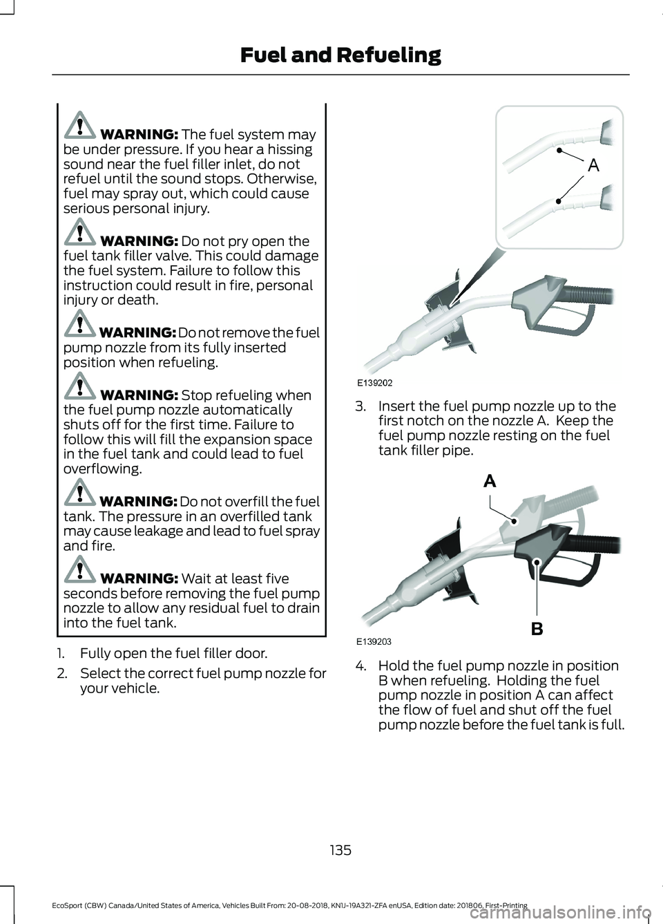 FORD ECOSPORT 2019  Owners Manual WARNING: The fuel system maybe under pressure. If you hear a hissingsound near the fuel filler inlet, do notrefuel until the sound stops. Otherwise,fuel may spray out, which could causeserious persona