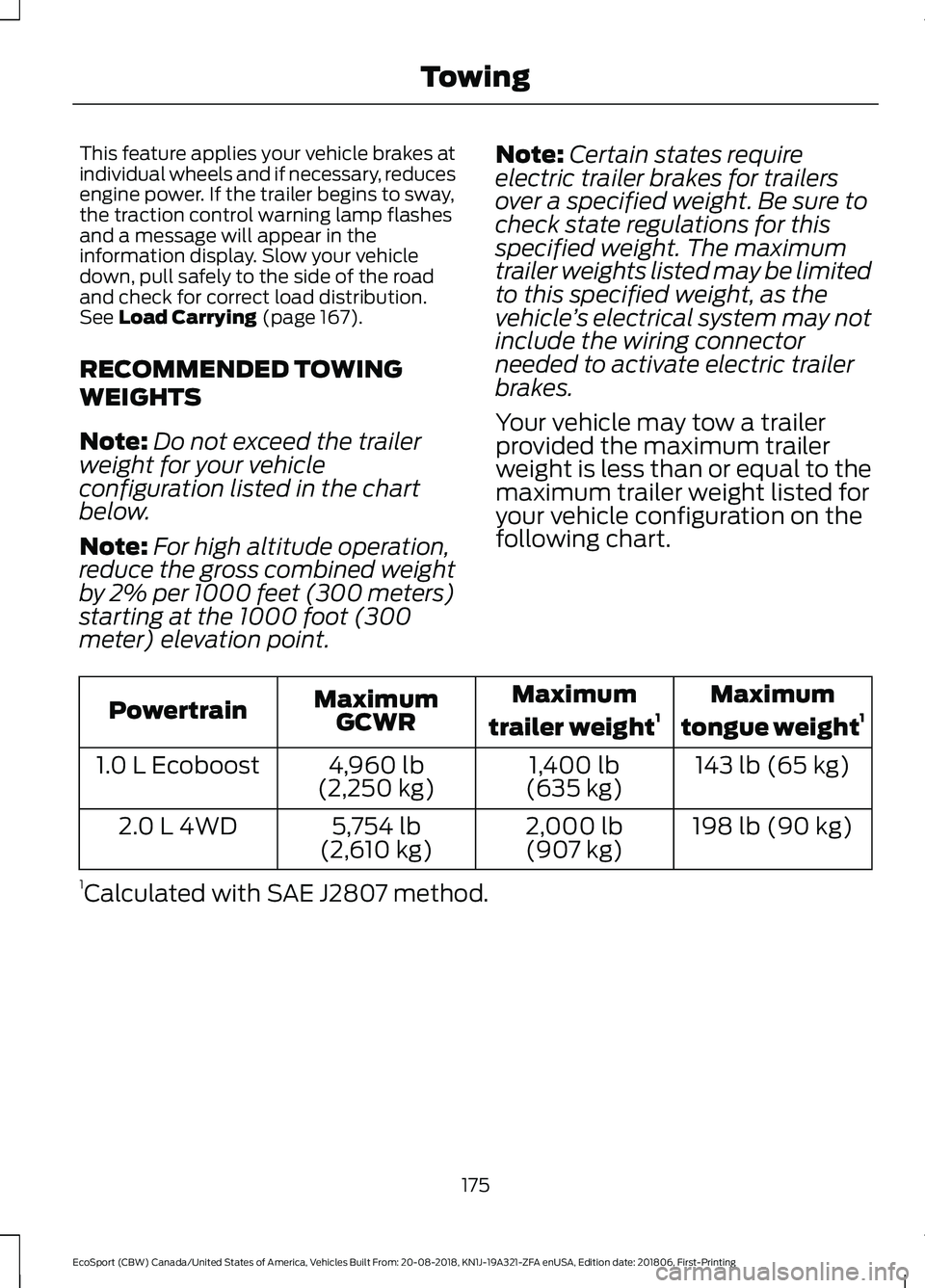 FORD ECOSPORT 2019  Owners Manual This feature applies your vehicle brakes atindividual wheels and if necessary, reducesengine power. If the trailer begins to sway,the traction control warning lamp flashesand a message will appear in 