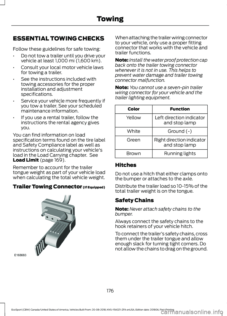 FORD ECOSPORT 2019 Owners Manual ESSENTIAL TOWING CHECKS
Follow these guidelines for safe towing:
•Do not tow a trailer until you drive yourvehicle at least 1,000 mi (1,600 km).
•Consult your local motor vehicle lawsfor towing a FORD ECOSPORT 2019 Owners Manual ESSENTIAL TOWING CHECKS
Follow these guidelines for safe towing:
•Do not tow a trailer until you drive yourvehicle at least 1,000 mi (1,600 km).
•Consult your local motor vehicle lawsfor towing a