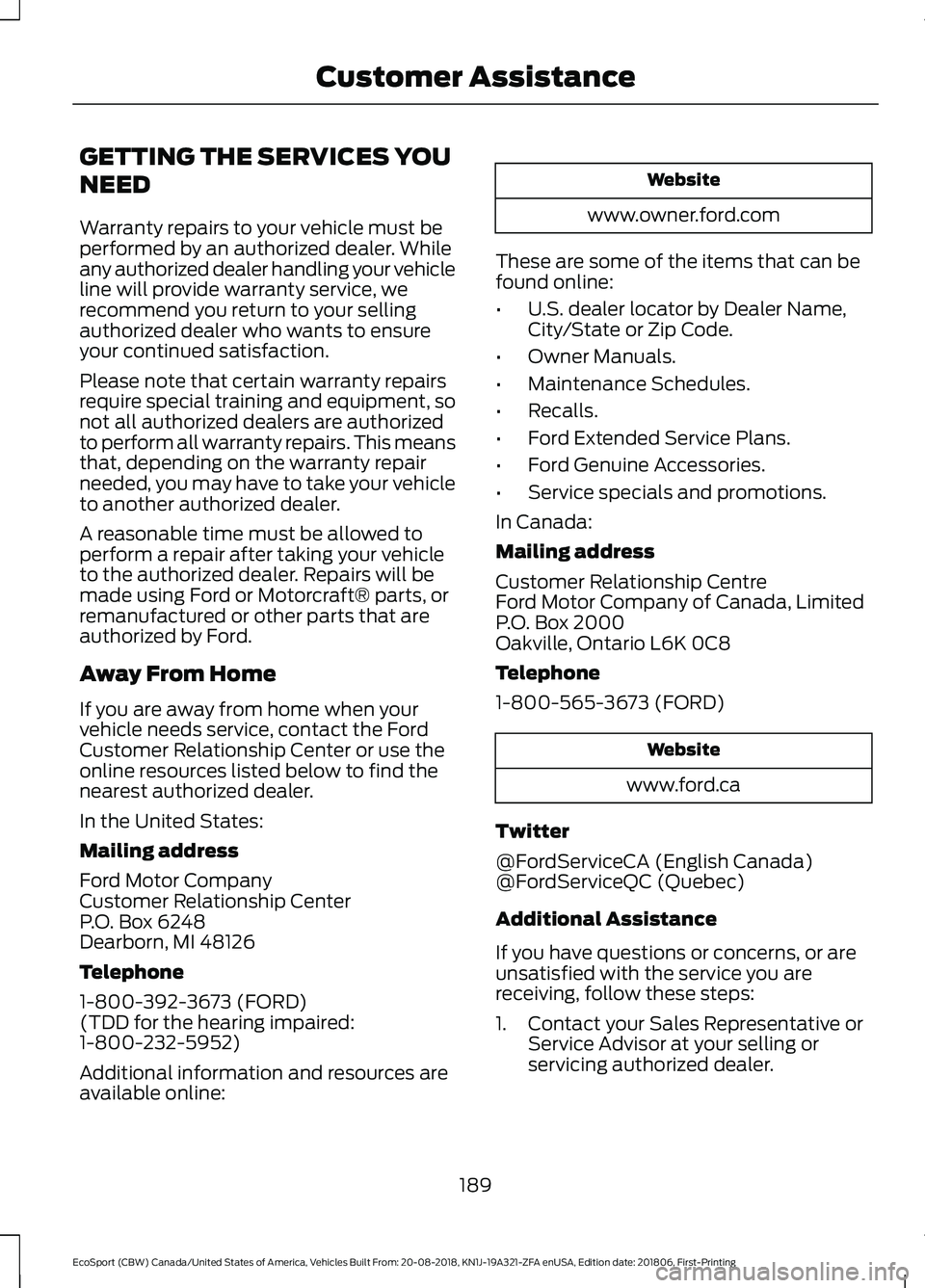 FORD ECOSPORT 2019 Owners Manual GETTING THE SERVICES YOU
NEED
Warranty repairs to your vehicle must beperformed by an authorized dealer. Whileany authorized dealer handling your vehicleline will provide warranty service, werecommend FORD ECOSPORT 2019 Owners Manual GETTING THE SERVICES YOU
NEED
Warranty repairs to your vehicle must beperformed by an authorized dealer. Whileany authorized dealer handling your vehicleline will provide warranty service, werecommend