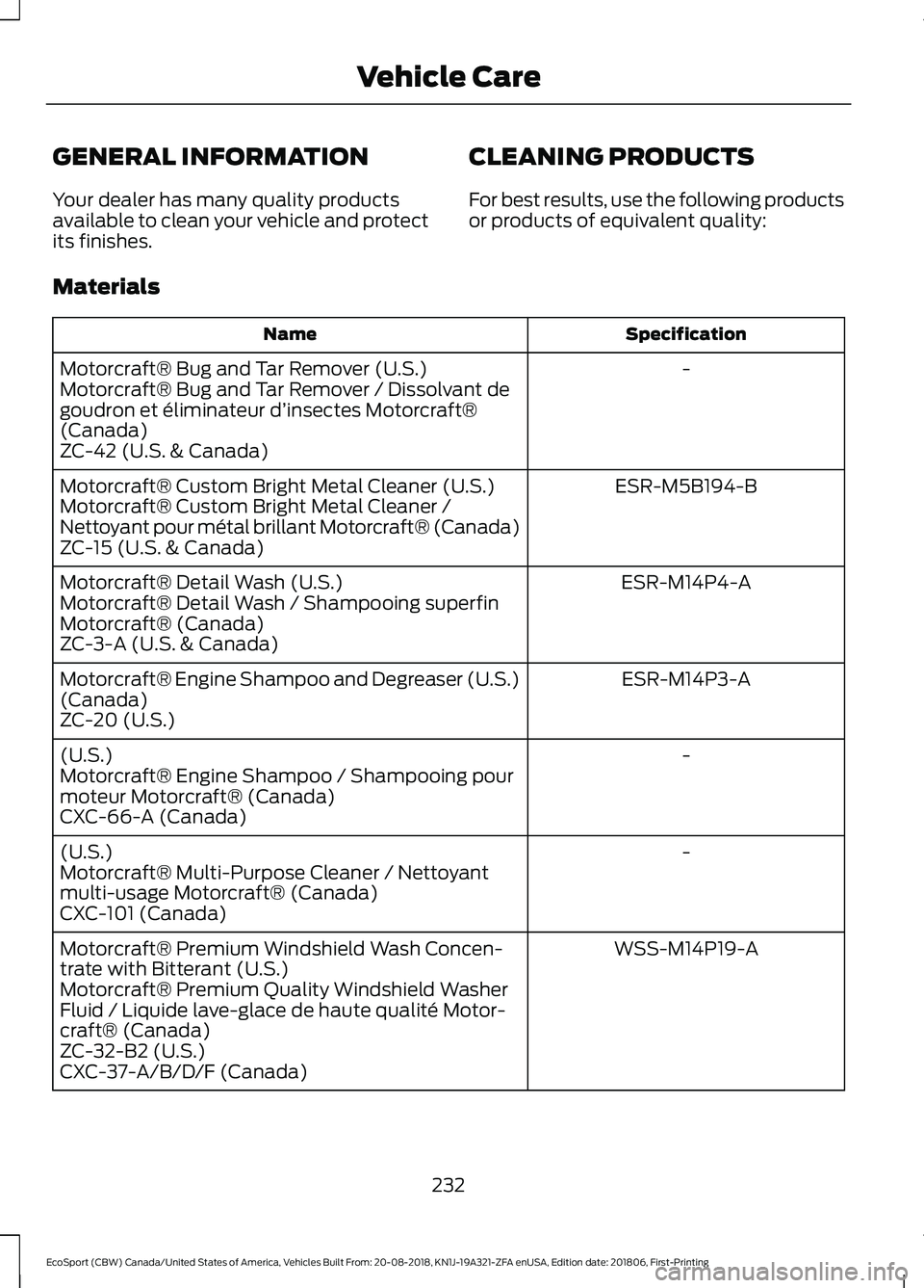 FORD ECOSPORT 2019  Owners Manual GENERAL INFORMATION
Your dealer has many quality productsavailable to clean your vehicle and protectits finishes.
CLEANING PRODUCTS
For best results, use the following productsor products of equivalen