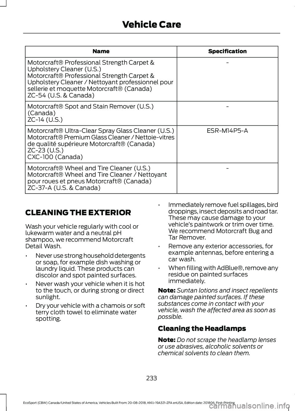 FORD ECOSPORT 2019  Owners Manual SpecificationName
-Motorcraft® Professional Strength Carpet &Upholstery Cleaner (U.S.)Motorcraft® Professional Strength Carpet &Upholstery Cleaner / Nettoyant professionnel poursellerie et moquette 