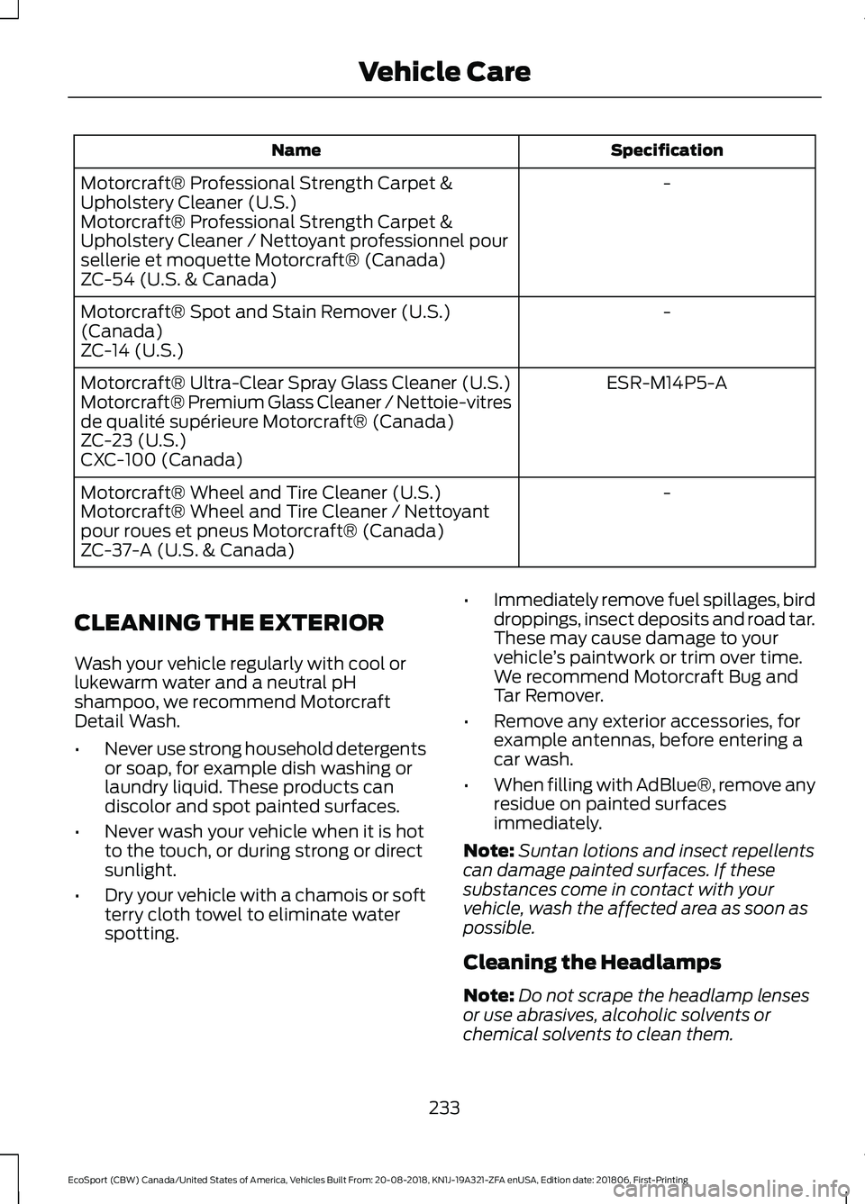FORD ECOSPORT 2019 User Guide SpecificationName
-Motorcraft® Professional Strength Carpet &Upholstery Cleaner (U.S.)Motorcraft® Professional Strength Carpet &Upholstery Cleaner / Nettoyant professionnel poursellerie et moquette FORD ECOSPORT 2019 User Guide SpecificationName
-Motorcraft® Professional Strength Carpet &Upholstery Cleaner (U.S.)Motorcraft® Professional Strength Carpet &Upholstery Cleaner / Nettoyant professionnel poursellerie et moquette