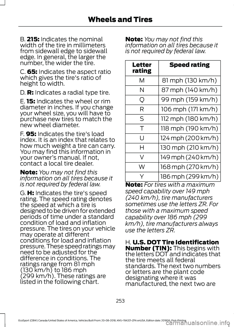 FORD ECOSPORT 2019 Owners Manual B.215: Indicates the nominalwidth of the tire in millimetersfrom sidewall edge to sidewalledge. In general, the larger thenumber, the wider the tire.
C.65: Indicates the aspect ratiowhich gives the ti FORD ECOSPORT 2019 Owners Manual B.215: Indicates the nominalwidth of the tire in millimetersfrom sidewall edge to sidewalledge. In general, the larger thenumber, the wider the tire.
C.65: Indicates the aspect ratiowhich gives the ti