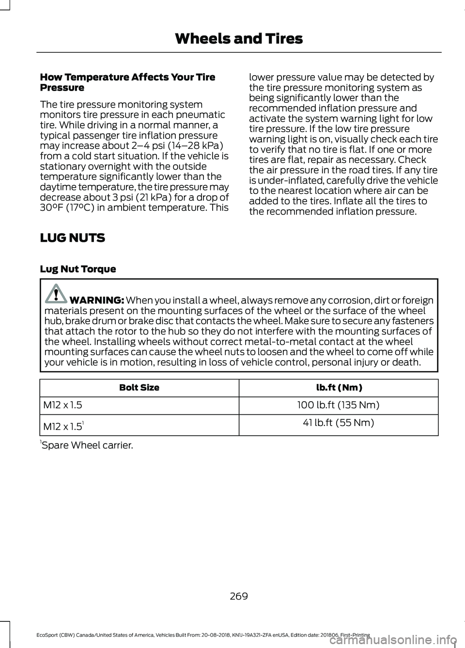FORD ECOSPORT 2019 Owners Manual How Temperature Affects Your TirePressure
The tire pressure monitoring systemmonitors tire pressure in each pneumatictire. While driving in a normal manner, atypical passenger tire inflation pressurem FORD ECOSPORT 2019 Owners Manual How Temperature Affects Your TirePressure
The tire pressure monitoring systemmonitors tire pressure in each pneumatictire. While driving in a normal manner, atypical passenger tire inflation pressurem