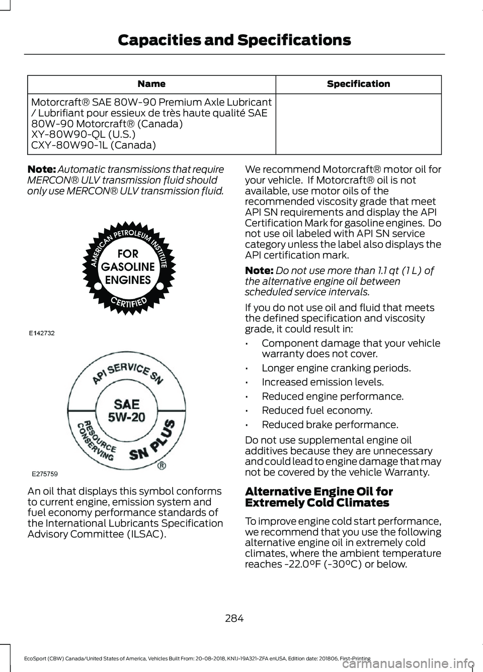 FORD ECOSPORT 2019  Owners Manual SpecificationName
Motorcraft® SAE 80W-90 Premium Axle Lubricant/ Lubrifiant pour essieux de très haute qualité SAE80W-90 Motorcraft® (Canada)XY-80W90-QL (U.S.)CXY-80W90-1L (Canada)
Note:Automatic 