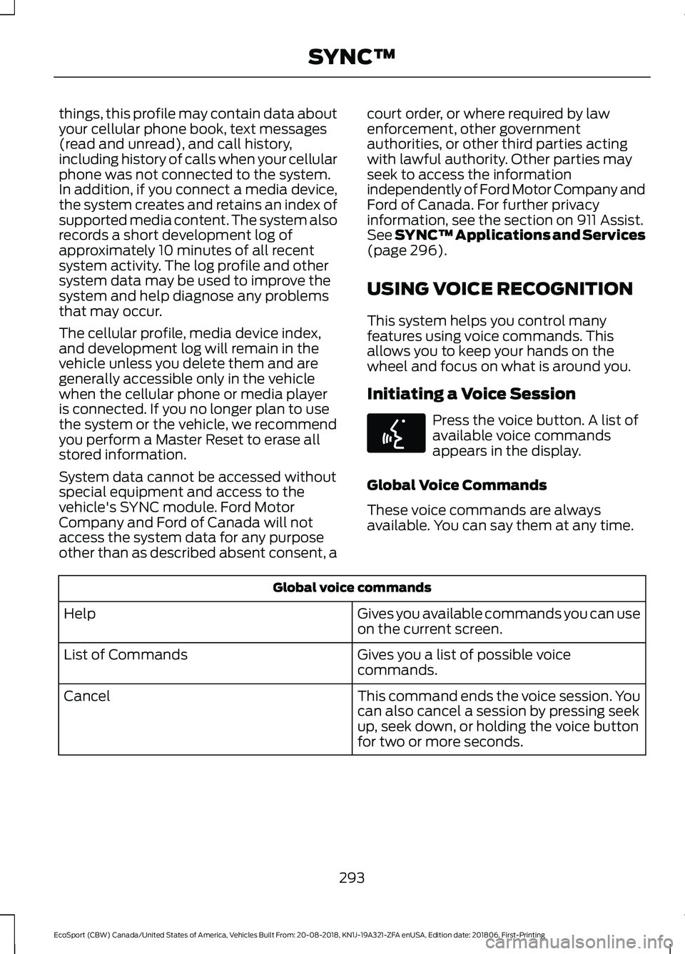 FORD ECOSPORT 2019 Owners Manual things, this profile may contain data aboutyour cellular phone book, text messages(read and unread), and call history,including history of calls when your cellularphone was not connected to the system FORD ECOSPORT 2019 Owners Manual things, this profile may contain data aboutyour cellular phone book, text messages(read and unread), and call history,including history of calls when your cellularphone was not connected to the system