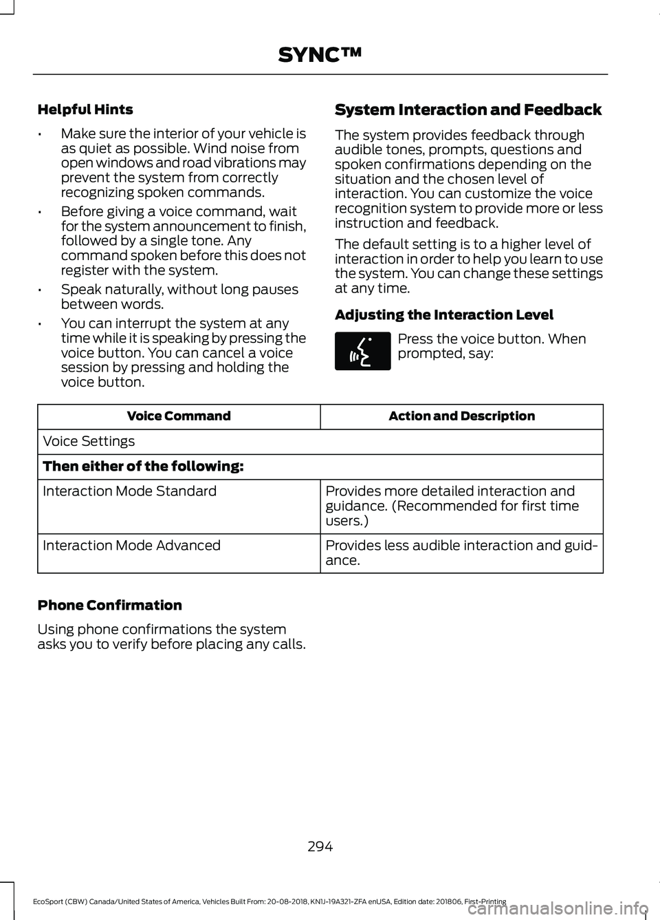 FORD ECOSPORT 2019 Owners Manual Helpful Hints
•Make sure the interior of your vehicle isas quiet as possible. Wind noise fromopen windows and road vibrations mayprevent the system from correctlyrecognizing spoken commands.
•Befo FORD ECOSPORT 2019 Owners Manual Helpful Hints
•Make sure the interior of your vehicle isas quiet as possible. Wind noise fromopen windows and road vibrations mayprevent the system from correctlyrecognizing spoken commands.
•Befo