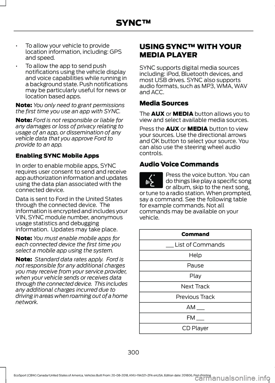 FORD ECOSPORT 2019 Owners Manual •To allow your vehicle to providelocation information, including: GPSand speed.
•To allow the app to send pushnotifications using the vehicle displayand voice capabilities while running ina backgr FORD ECOSPORT 2019 Owners Manual •To allow your vehicle to providelocation information, including: GPSand speed.
•To allow the app to send pushnotifications using the vehicle displayand voice capabilities while running ina backgr