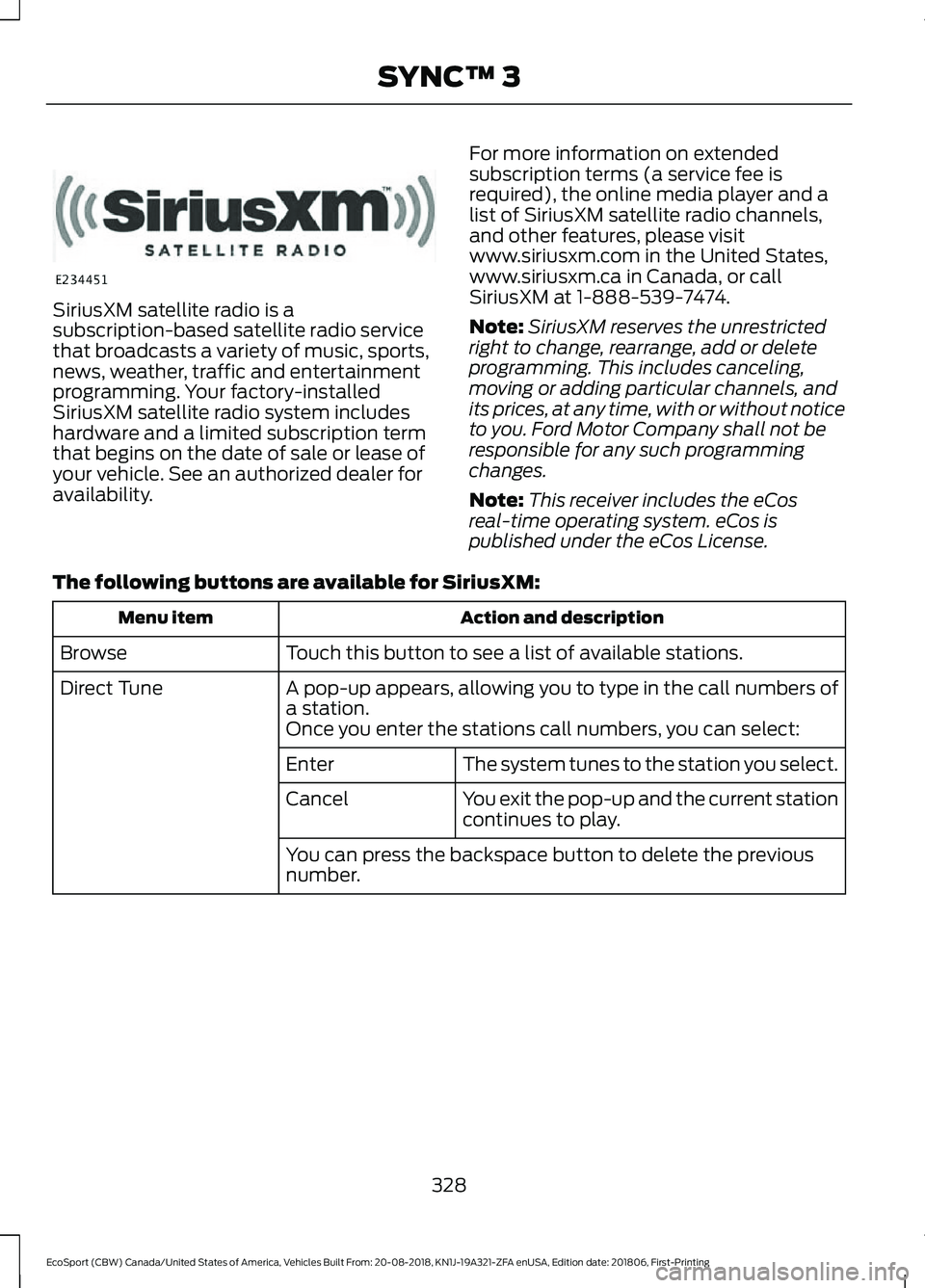 FORD ECOSPORT 2019  Owners Manual SiriusXM satellite radio is asubscription-based satellite radio servicethat broadcasts a variety of music, sports,news, weather, traffic and entertainmentprogramming. Your factory-installedSiriusXM sa
