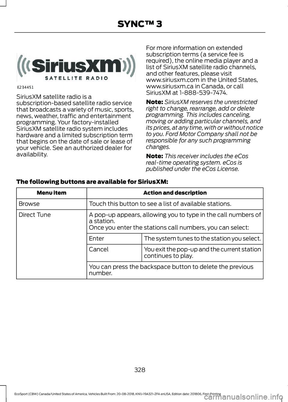 FORD ECOSPORT 2019 Owners Manual SiriusXM satellite radio is asubscription-based satellite radio servicethat broadcasts a variety of music, sports,news, weather, traffic and entertainmentprogramming. Your factory-installedSiriusXM sa FORD ECOSPORT 2019 Owners Manual SiriusXM satellite radio is asubscription-based satellite radio servicethat broadcasts a variety of music, sports,news, weather, traffic and entertainmentprogramming. Your factory-installedSiriusXM sa