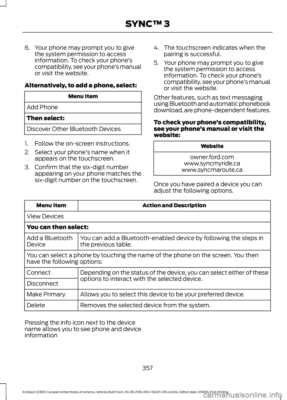FORD ECOSPORT 2019 Owners Manual 6.Your phone may prompt you to givethe system permission to accessinformation. To check your phone’scompatibility, see your phone’s manualor visit the website.
Alternatively, to add a phone, selec FORD ECOSPORT 2019 Owners Manual 6.Your phone may prompt you to givethe system permission to accessinformation. To check your phone’scompatibility, see your phone’s manualor visit the website.
Alternatively, to add a phone, selec