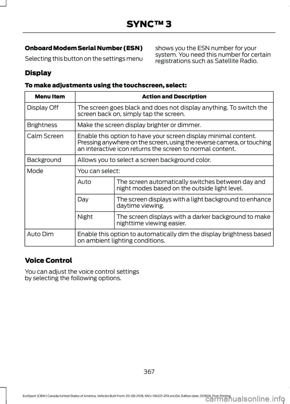 FORD ECOSPORT 2019  Owners Manual Onboard Modem Serial Number (ESN)
Selecting this button on the settings menu
shows you the ESN number for yoursystem. You need this number for certainregistrations such as Satellite Radio.
Display
To 