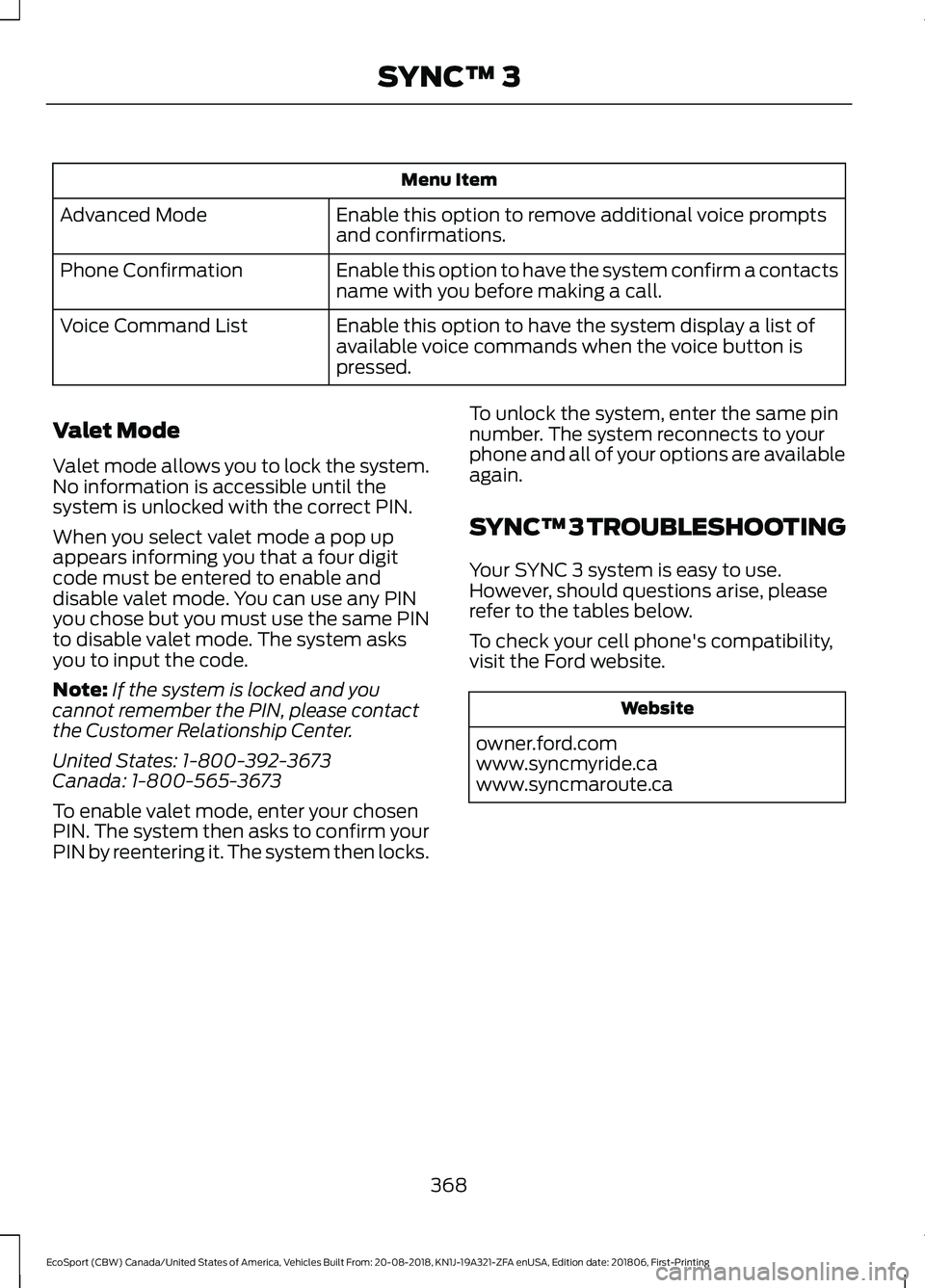 FORD ECOSPORT 2019  Owners Manual Menu Item
Enable this option to remove additional voice promptsand confirmations.Advanced Mode
Enable this option to have the system confirm a contactsname with you before making a call.Phone Confirma