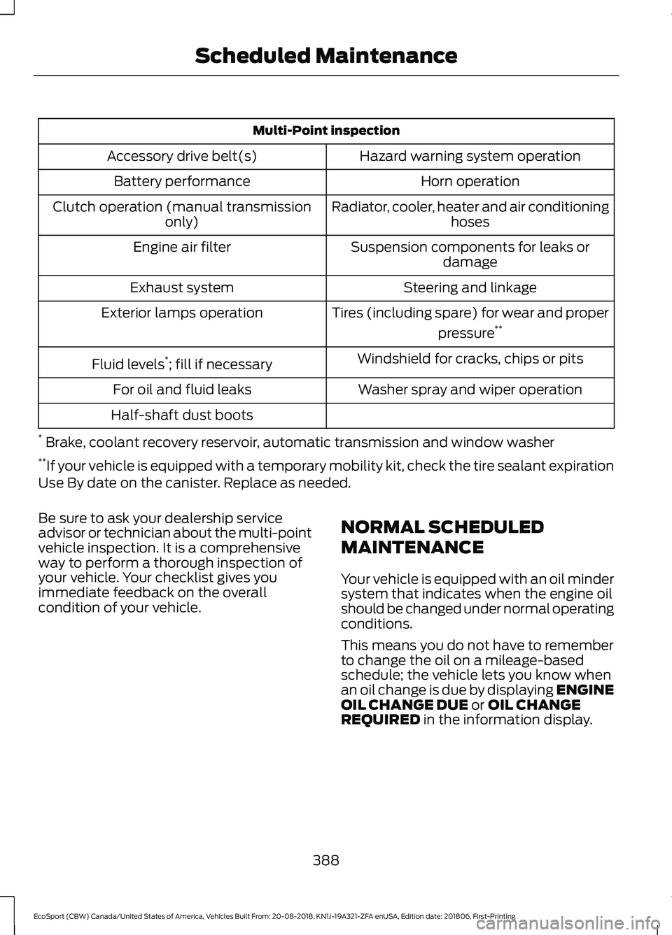 FORD ECOSPORT 2019  Owners Manual Multi-Point inspection
Hazard warning system operationAccessory drive belt(s)
Horn operationBattery performance
Radiator, cooler, heater and air conditioninghosesClutch operation (manual transmissiono