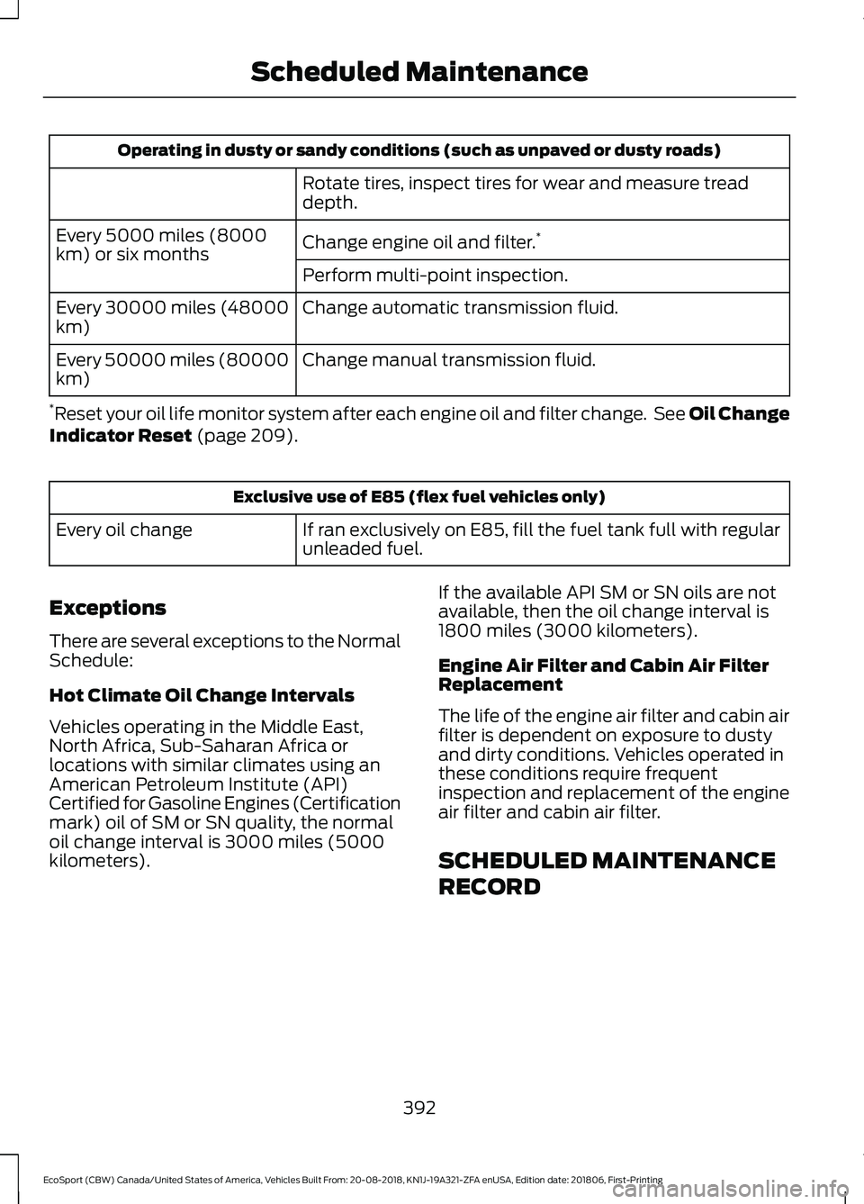 FORD ECOSPORT 2019 Owners Manual Operating in dusty or sandy conditions (such as unpaved or dusty roads)
Rotate tires, inspect tires for wear and measure treaddepth.
Change engine oil and filter.*Every 5000 miles (8000km) or six mont FORD ECOSPORT 2019 Owners Manual Operating in dusty or sandy conditions (such as unpaved or dusty roads)
Rotate tires, inspect tires for wear and measure treaddepth.
Change engine oil and filter.*Every 5000 miles (8000km) or six mont