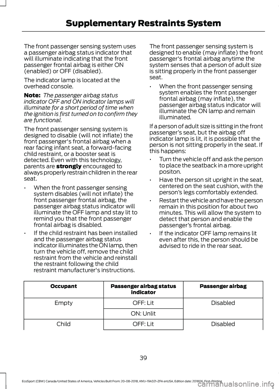 FORD ECOSPORT 2019 Service Manual The front passenger sensing system usesa passenger airbag status indicator thatwill illuminate indicating that the frontpassenger frontal airbag is either ON(enabled) or OFF (disabled).
The indicator FORD ECOSPORT 2019 Service Manual The front passenger sensing system usesa passenger airbag status indicator thatwill illuminate indicating that the frontpassenger frontal airbag is either ON(enabled) or OFF (disabled).
The indicator