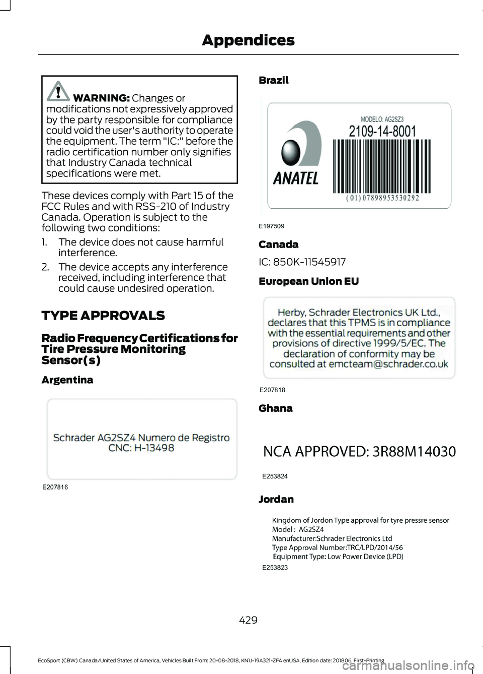 FORD ECOSPORT 2019  Owners Manual WARNING: Changes ormodifications not expressively approvedby the party responsible for compliancecould void the user's authority to operatethe equipment. The term "IC:" before theradio cer