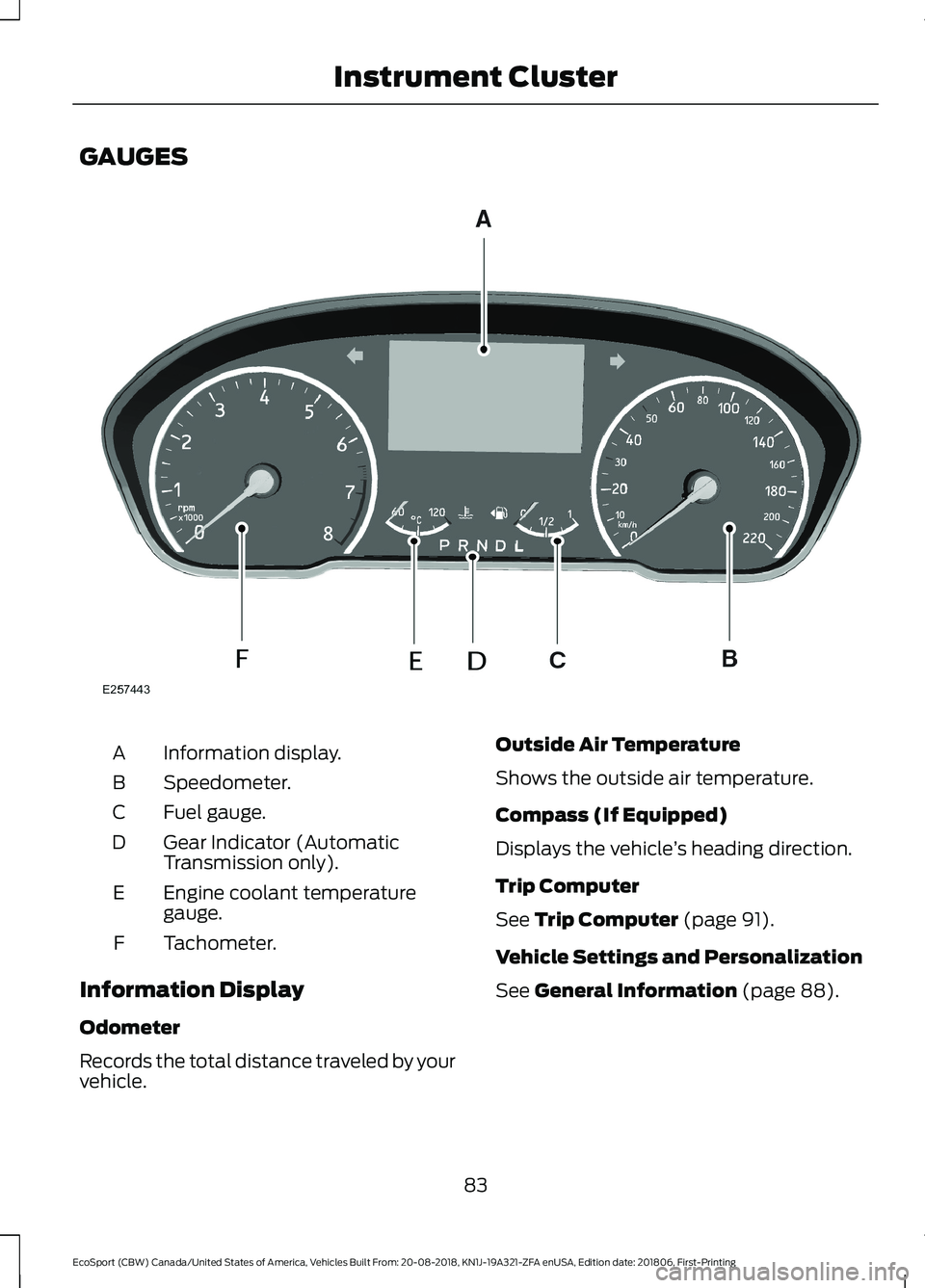 FORD ECOSPORT 2019 User Guide GAUGES
Information display.A
Speedometer.B
Fuel gauge.C
Gear Indicator (AutomaticTransmission only).D
Engine coolant temperaturegauge.E
Tachometer.F
Information Display
Odometer
Records the total dist