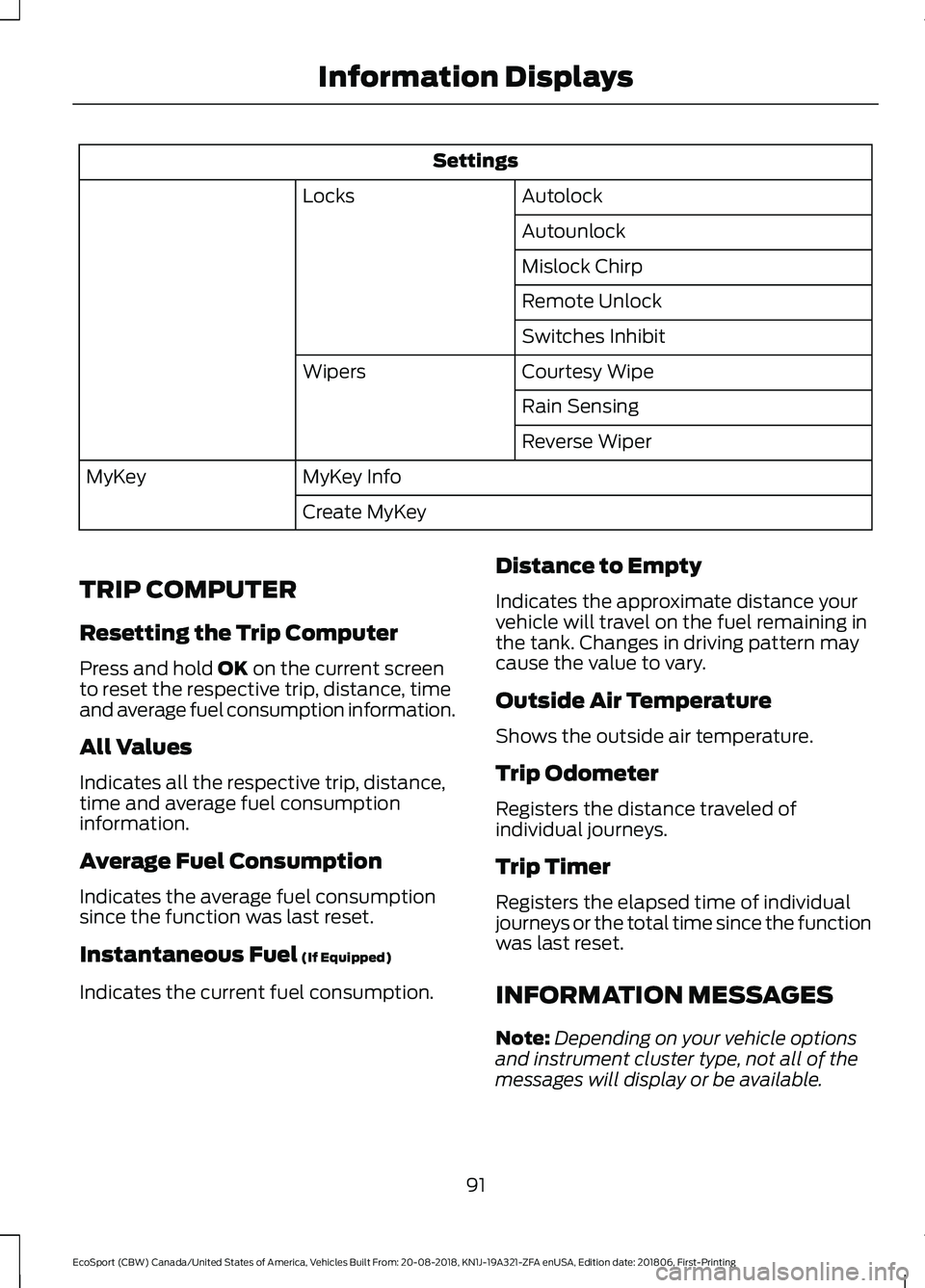 FORD ECOSPORT 2019  Owners Manual Settings
AutolockLocks
Autounlock
Mislock Chirp
Remote Unlock
Switches Inhibit
Courtesy WipeWipers
Rain Sensing
Reverse Wiper
MyKey InfoMyKey
Create MyKey
TRIP COMPUTER
Resetting the Trip Computer
Pre